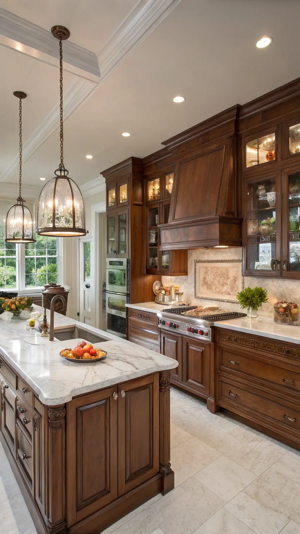 Luxurious chef's kitchen with cherry wood cabinets, Calacatta marble surfaces, copper cookware, and professional appliances, photographed in diffused midday light.