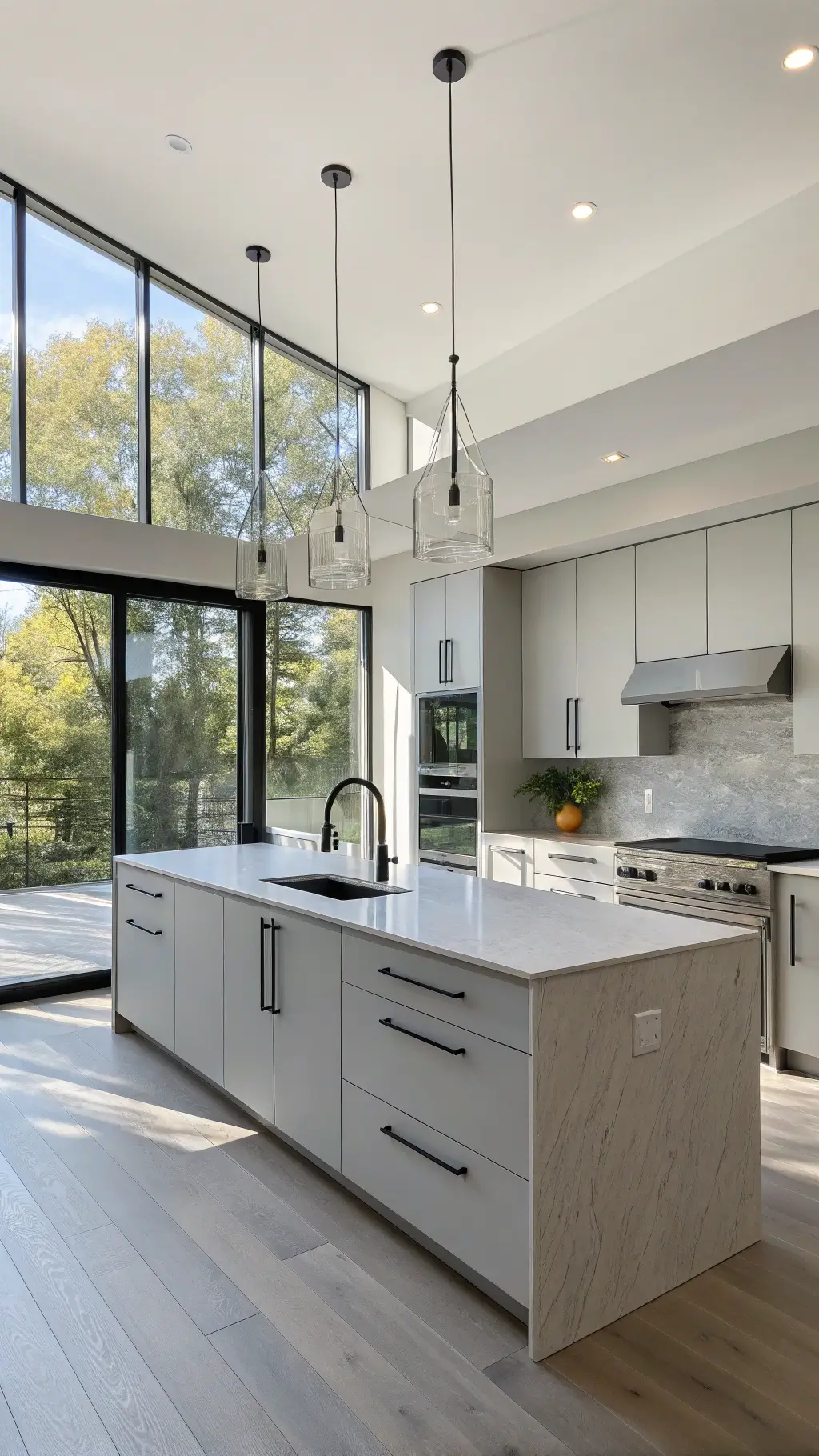 Modern minimalist kitchen with light gray cabinets, white quartz waterfall island, floor-to-ceiling windows, and chrome fixtures in morning light.