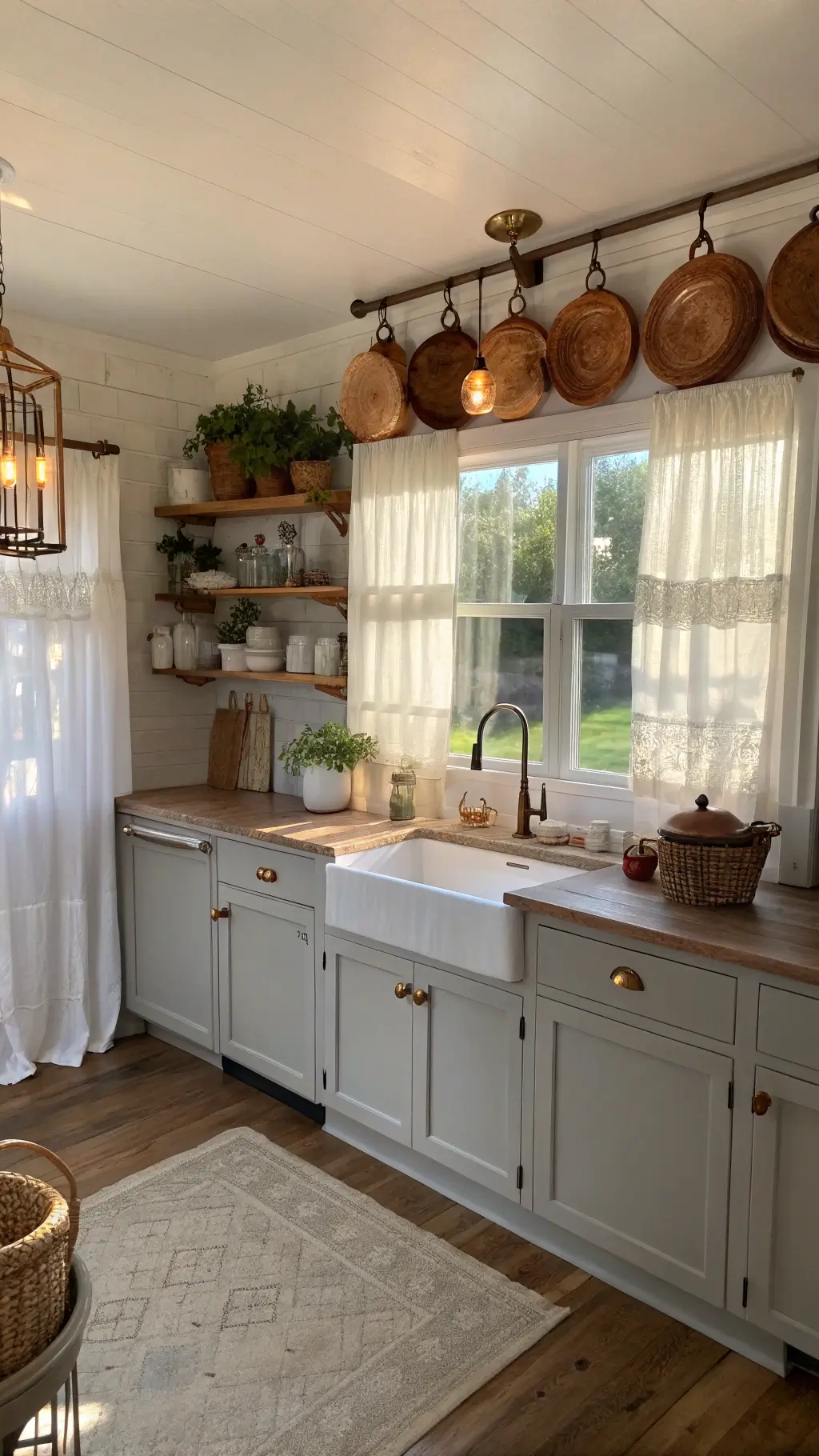 Farmhouse chic kitchen with gray Shaker cabinets, butcher block island, reclaimed wood shelves, and vintage copper pots in warm late afternoon light.