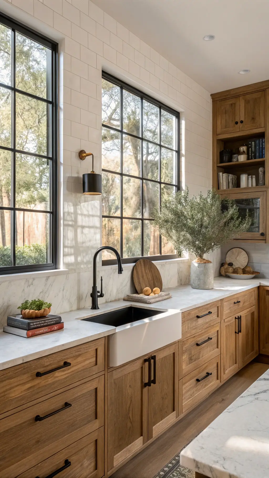 Lifestyle kitchen with wood lower cabinets, white upper cabinets, marble countertops, steel-framed windows casting geometric shadows, decorated with vintage cutting boards, a potted olive tree and arranged cookbooks.