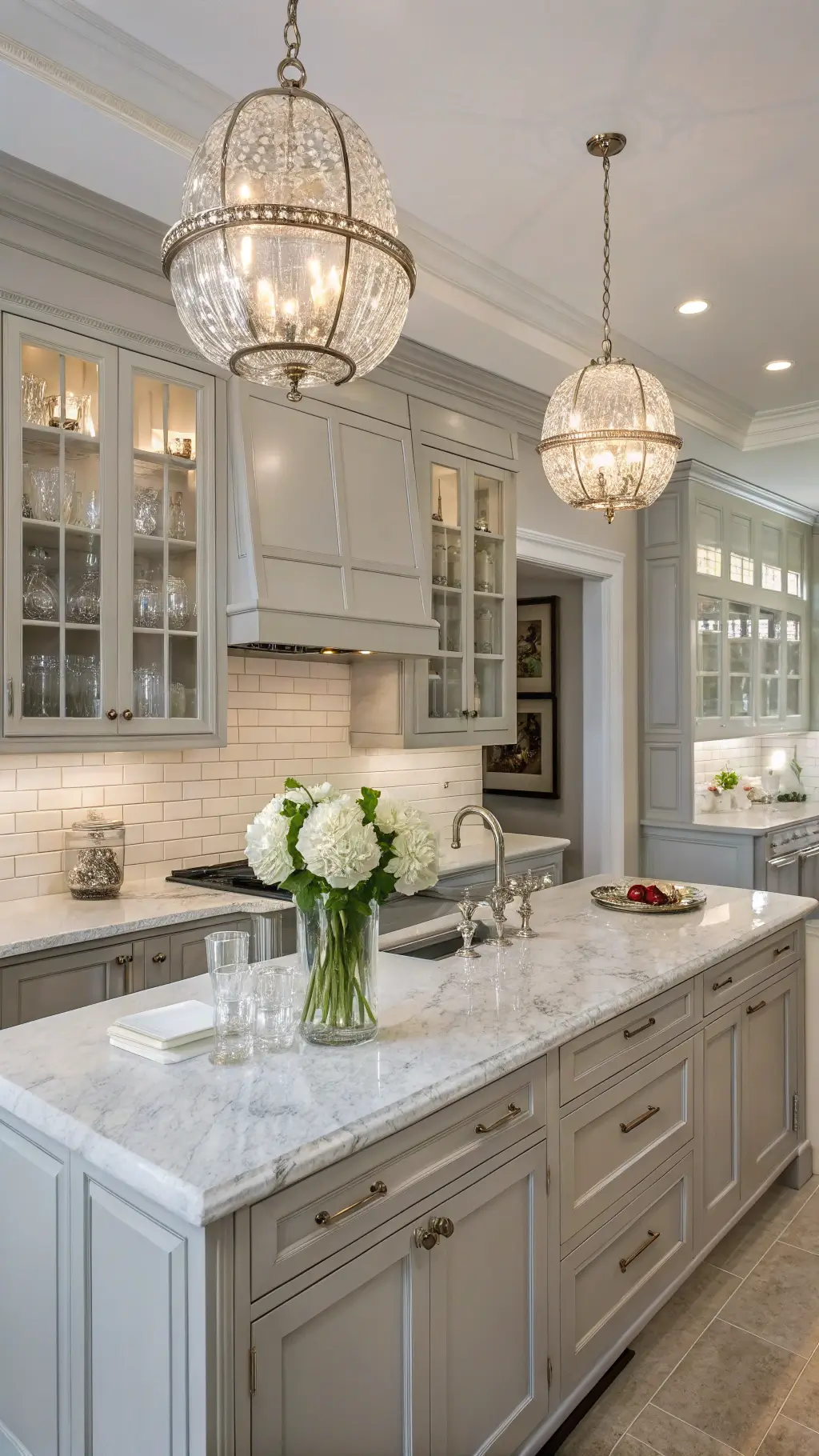 Elegant traditional kitchen with light gray cabinets, Carrara marble countertops, crystal pendant lights, and glass-front uppers displaying china.
