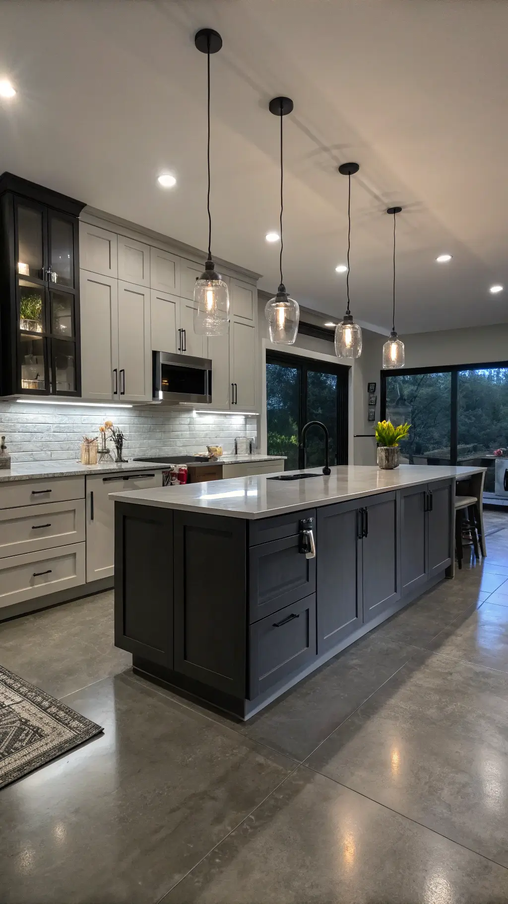 Dramatic evening kitchen with charcoal gray cabinets, polished concrete floors, black hardware accents, and bokeh lighting effects created by glass pendant lights over the island, shot at f/2.8 for a moody atmosphere.