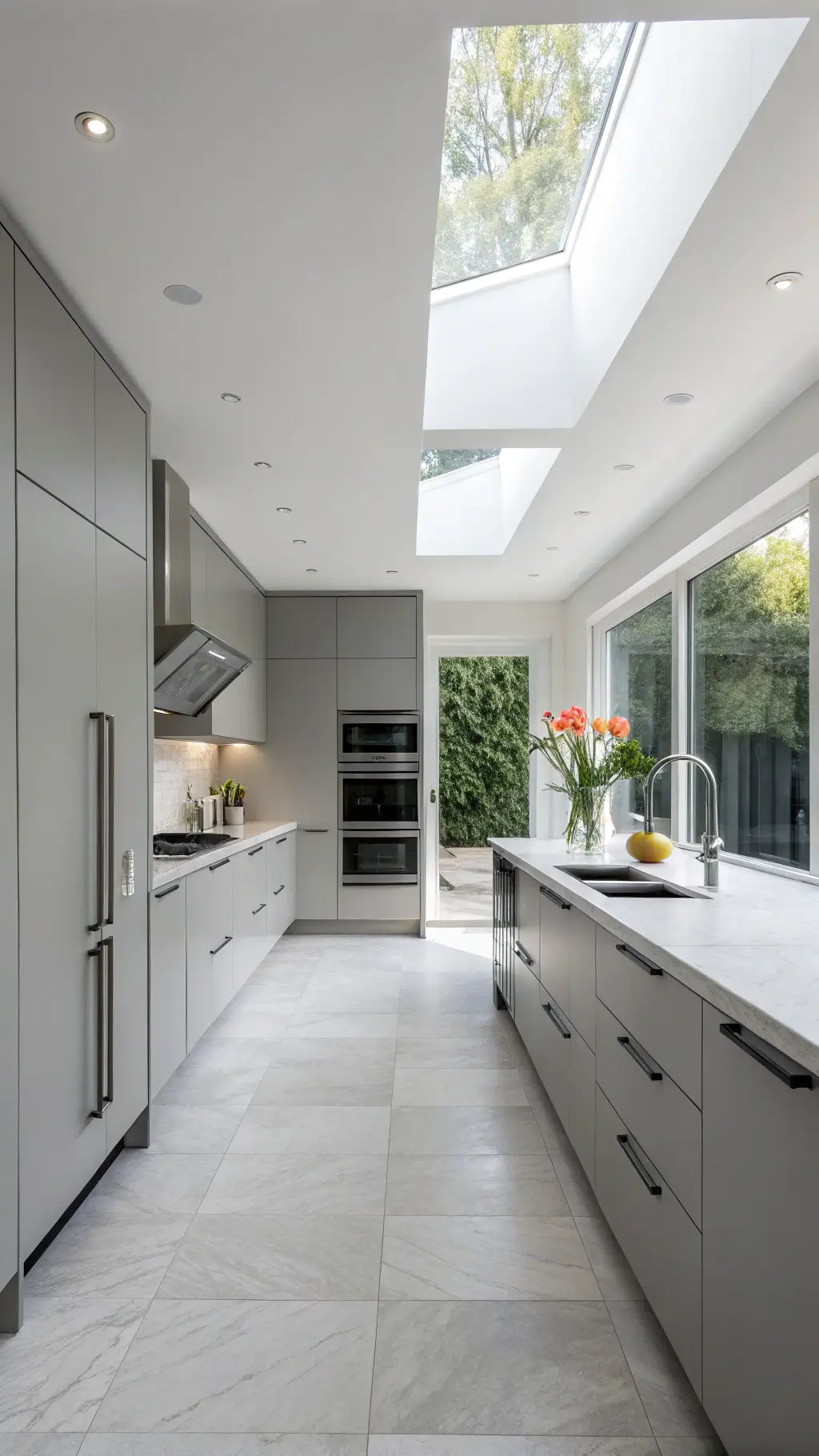Minimalist kitchen with dawn light through skylights, gray cabinets, white stone counters, and stainless steel appliances.