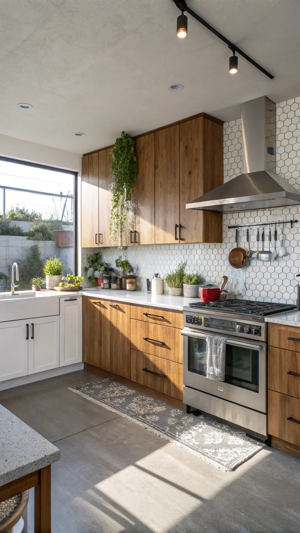 Bright, spacious 14x18ft chef's kitchen with wood-tone lower cabinets, glossy white upper cabinets, professional-grade stainless steel appliances, concrete countertops, geometric tile backsplash, hanging herb garden, and professional cookware, lit by dramatic afternoon shadows.