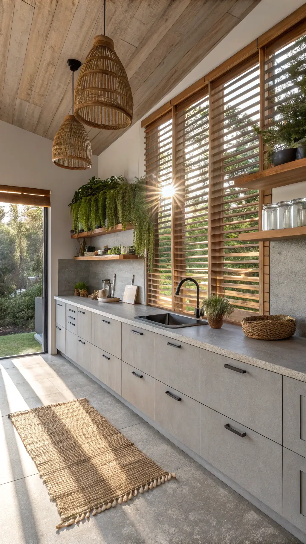 Organic modern kitchen with concrete countertops, gray cabinets, wood shelves, herb living wall, and sunlight streaming through wooden slat windows.