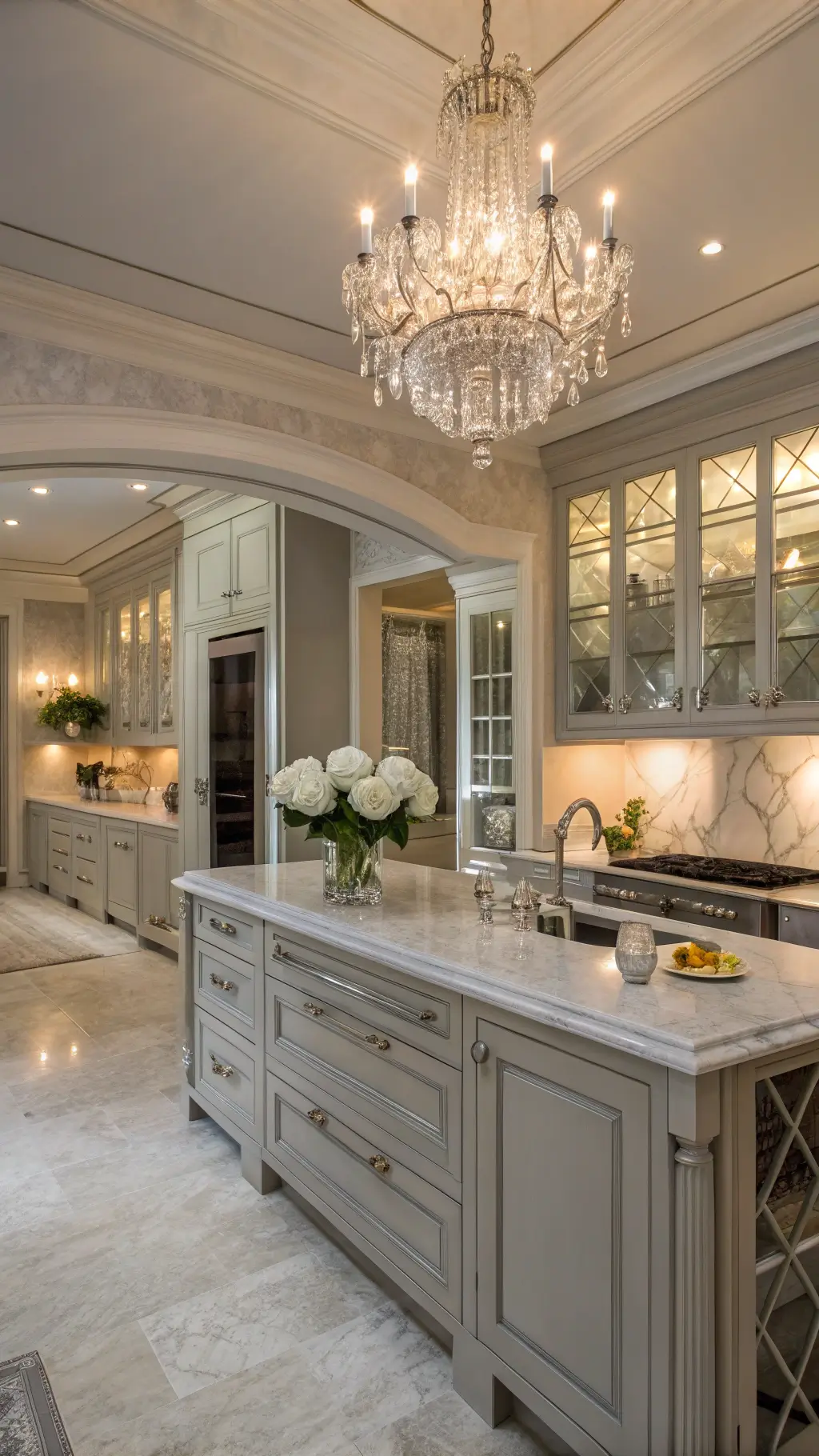 Elegant 18x20ft kitchen with light gray inset cabinets, crystal knobs, marble island under chandelier, silver leaf ceiling, antique mirror backsplash, and white roses in mercury glass vases.