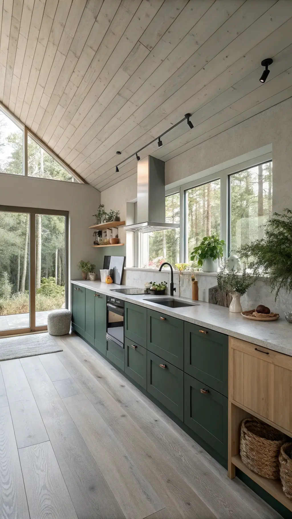 Minimalist kitchen interior with high ceilings, light gray and forest green cabinets, oak floors, concrete counters, Scandinavian-style accessories, live plants, and large windows backlit by dawn light