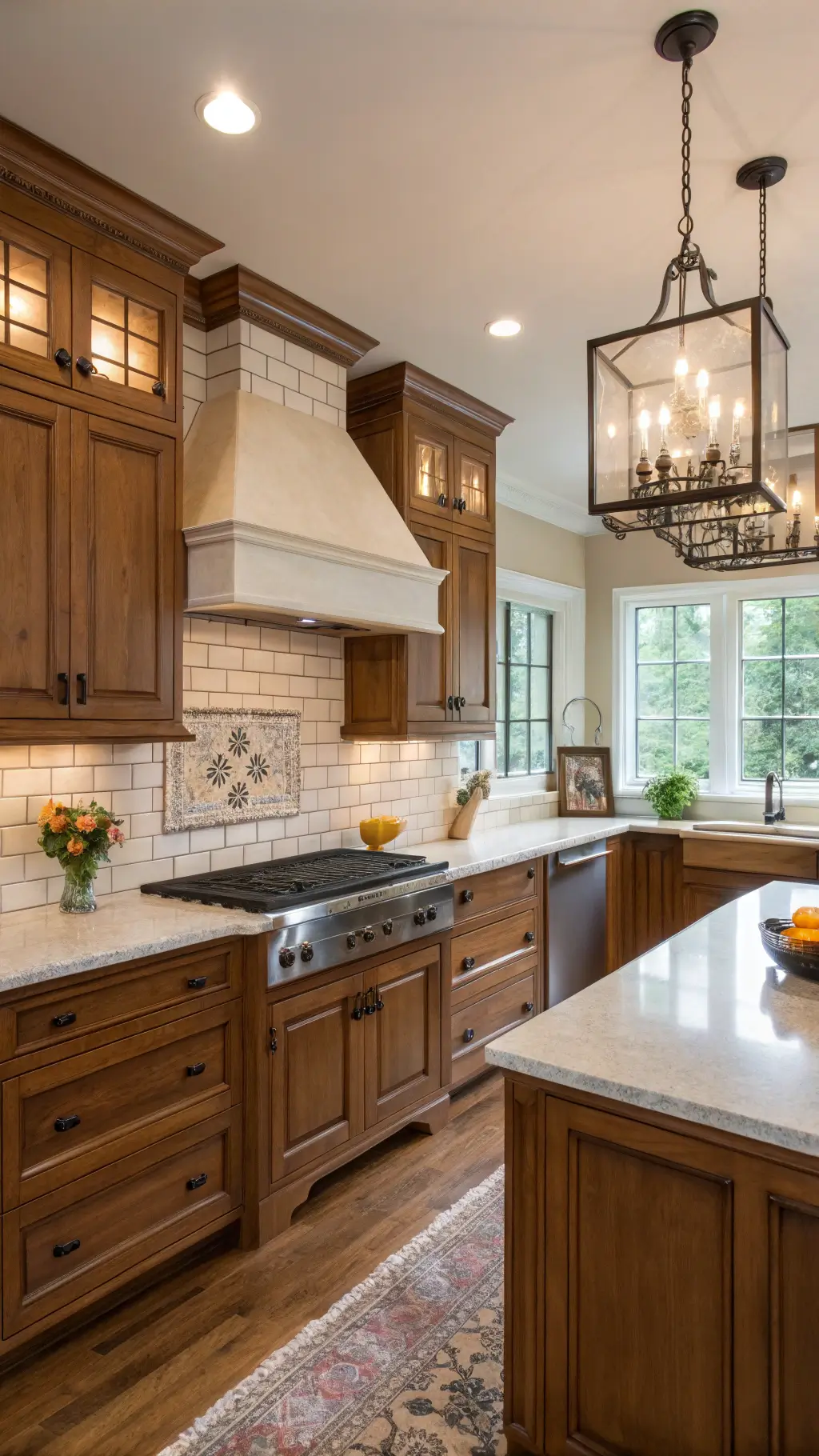 Warm honey-toned Shaker kitchen with coffered ceiling, white subway tile backsplash, soapstone counters, and antique bronze sconces in early morning light