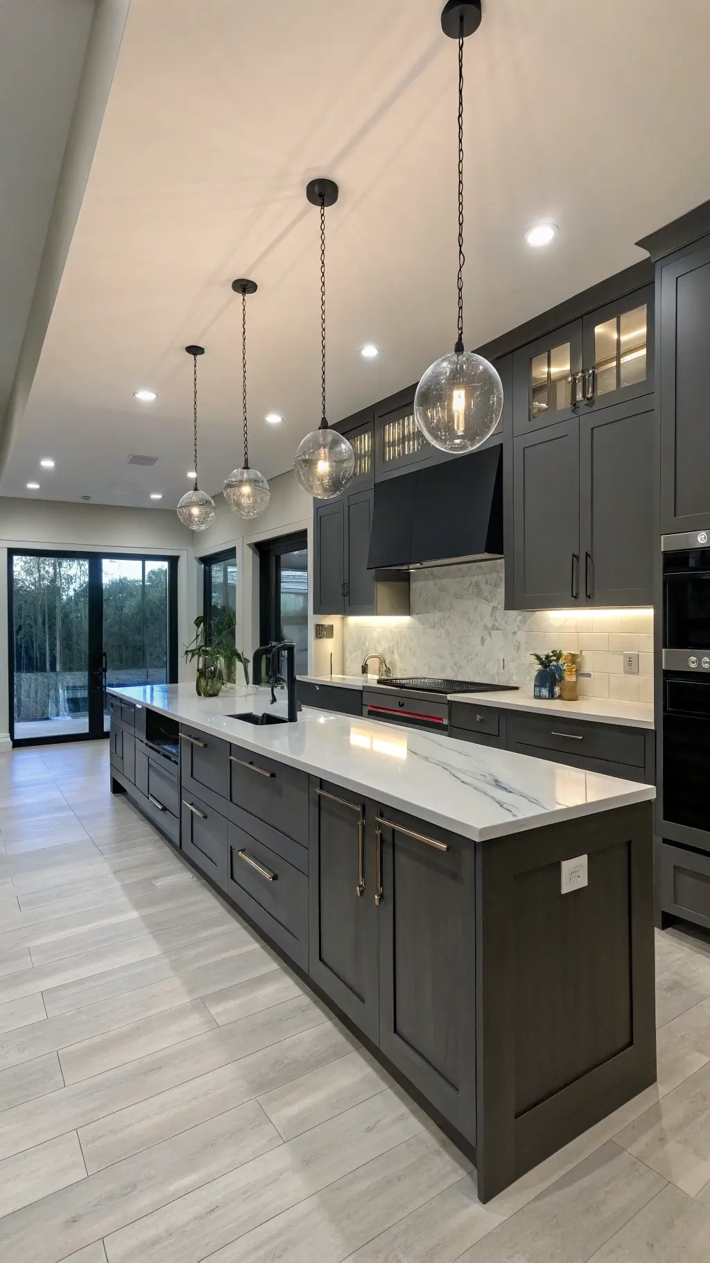 Spacious contemporary kitchen with charcoal gray Shaker cabinets, minimalist matte black pulls, bright white quartz island, and modern glass pendants under linear LED lighting at twilight.