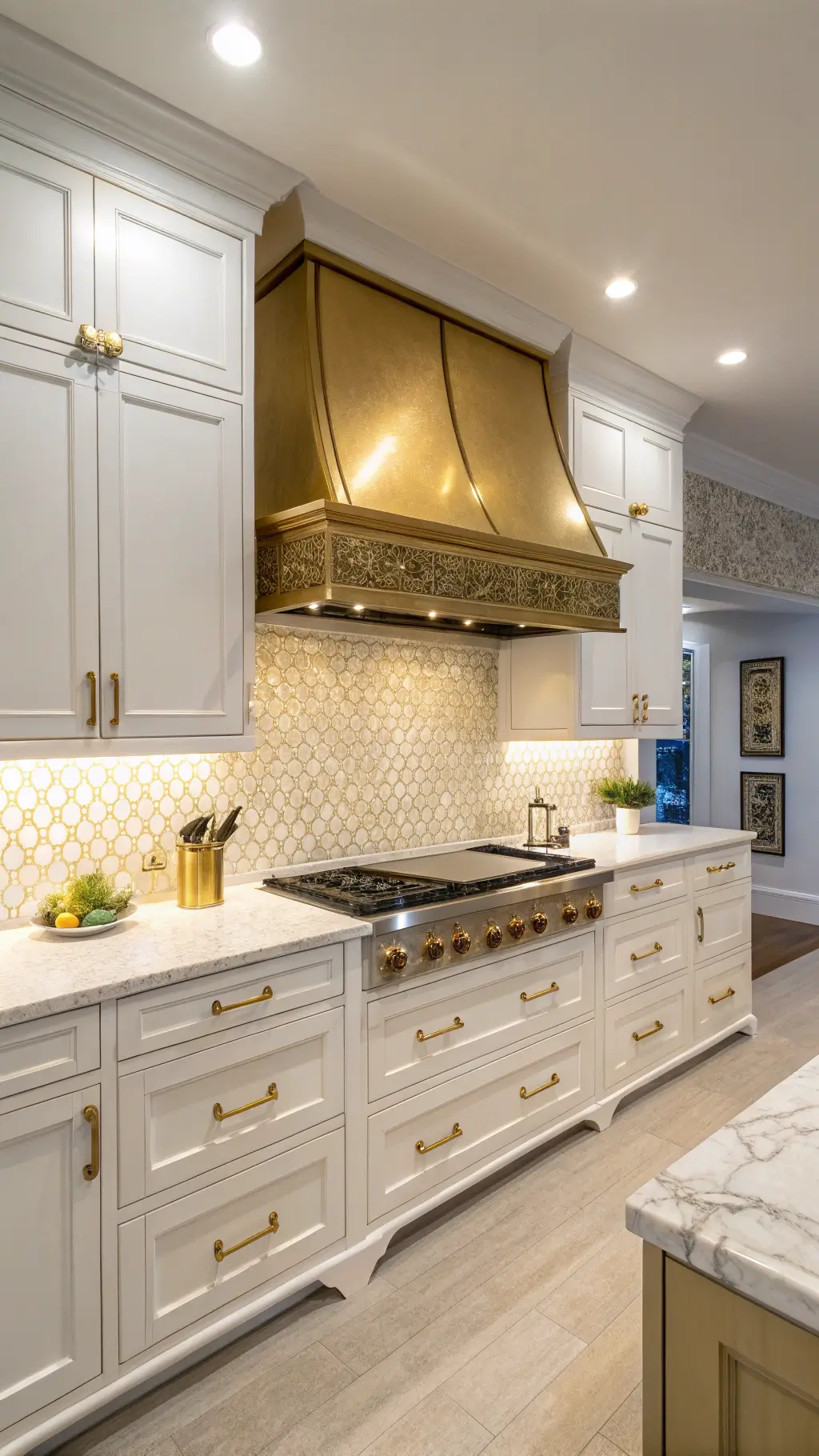 Wide-angle view of luxury kitchen with 8ft gold range hood, white cabinetry, brass-accented range, mosaic tile backsplash, and marble countertops with white ceramics and metallic accents.