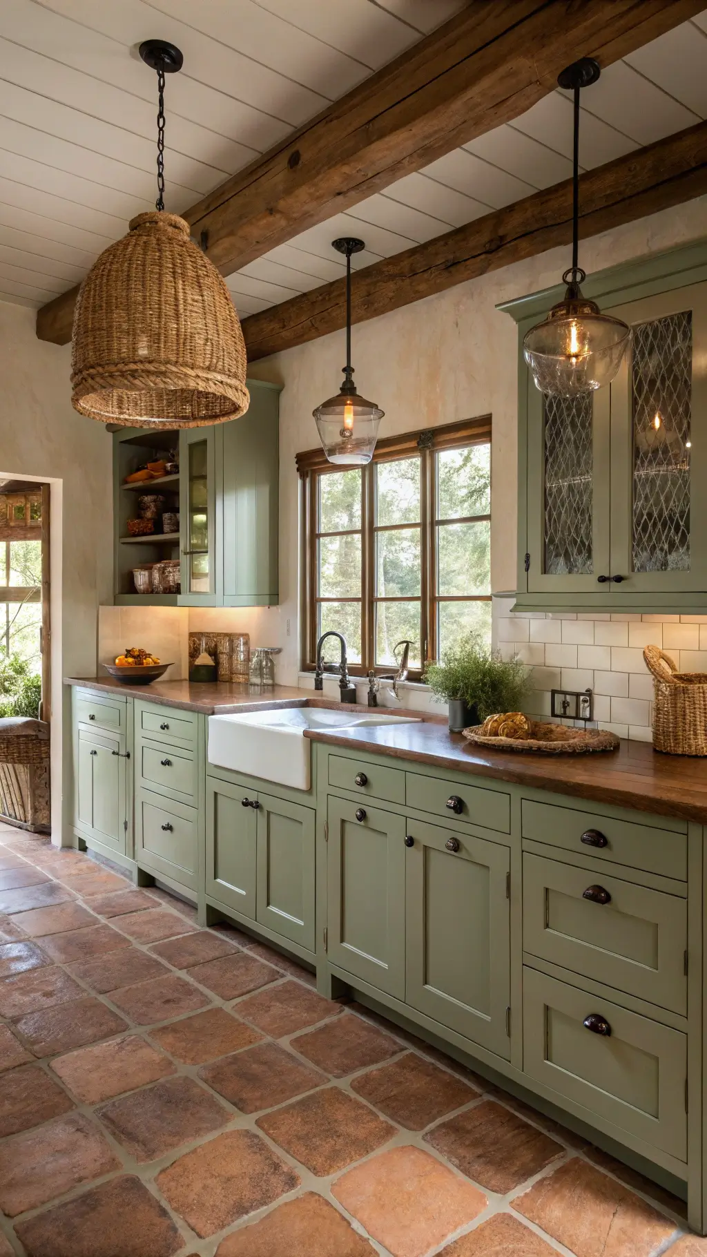 Rustic kitchen illuminated by afternoon light featuring sage green Shaker cabinets with vintage cup pulls, butcher block counters, terracotta tile floor, and woven pendant lights.
