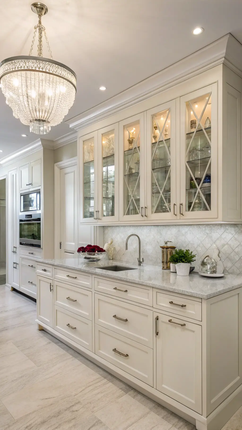 Elegant transitional kitchen with off-white Shaker cabinets, grey quartz counters, herringbone marble backsplash, and centered crystal chandelier at midday