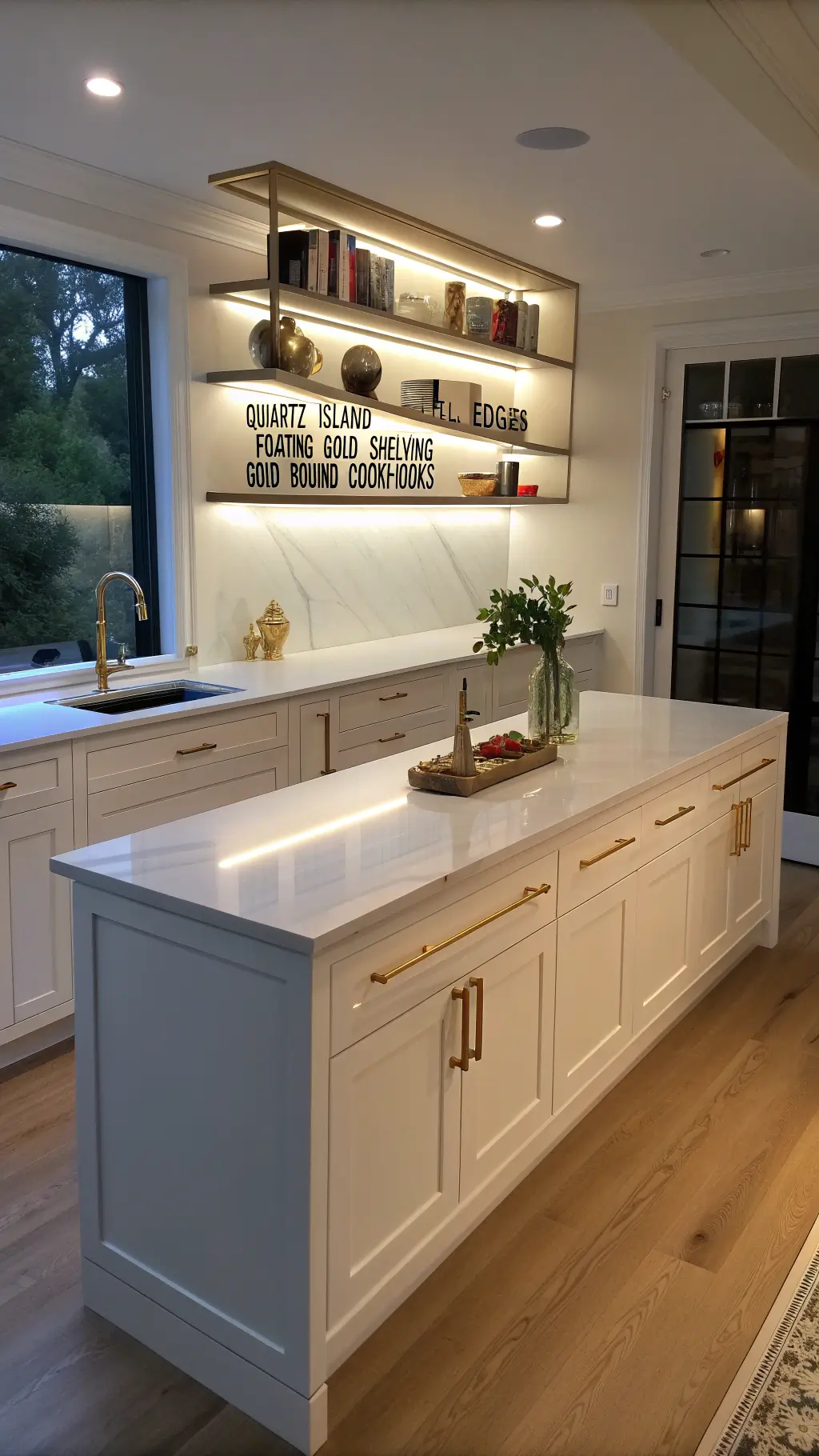 Minimalist white kitchen with gold accents, quartz waterfall island, floating shelves, and ambient under-cabinet lighting at dusk.