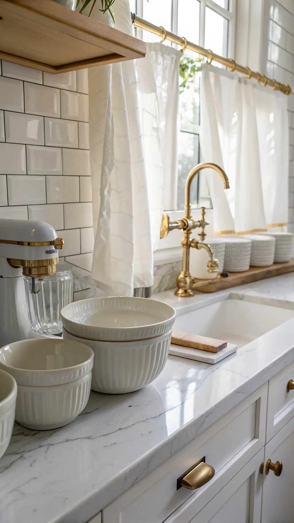 Bright kitchen with white marble baking station, gold fixtures, white ceramic bowls, and marble rolling pin, lit by natural light through café curtains.