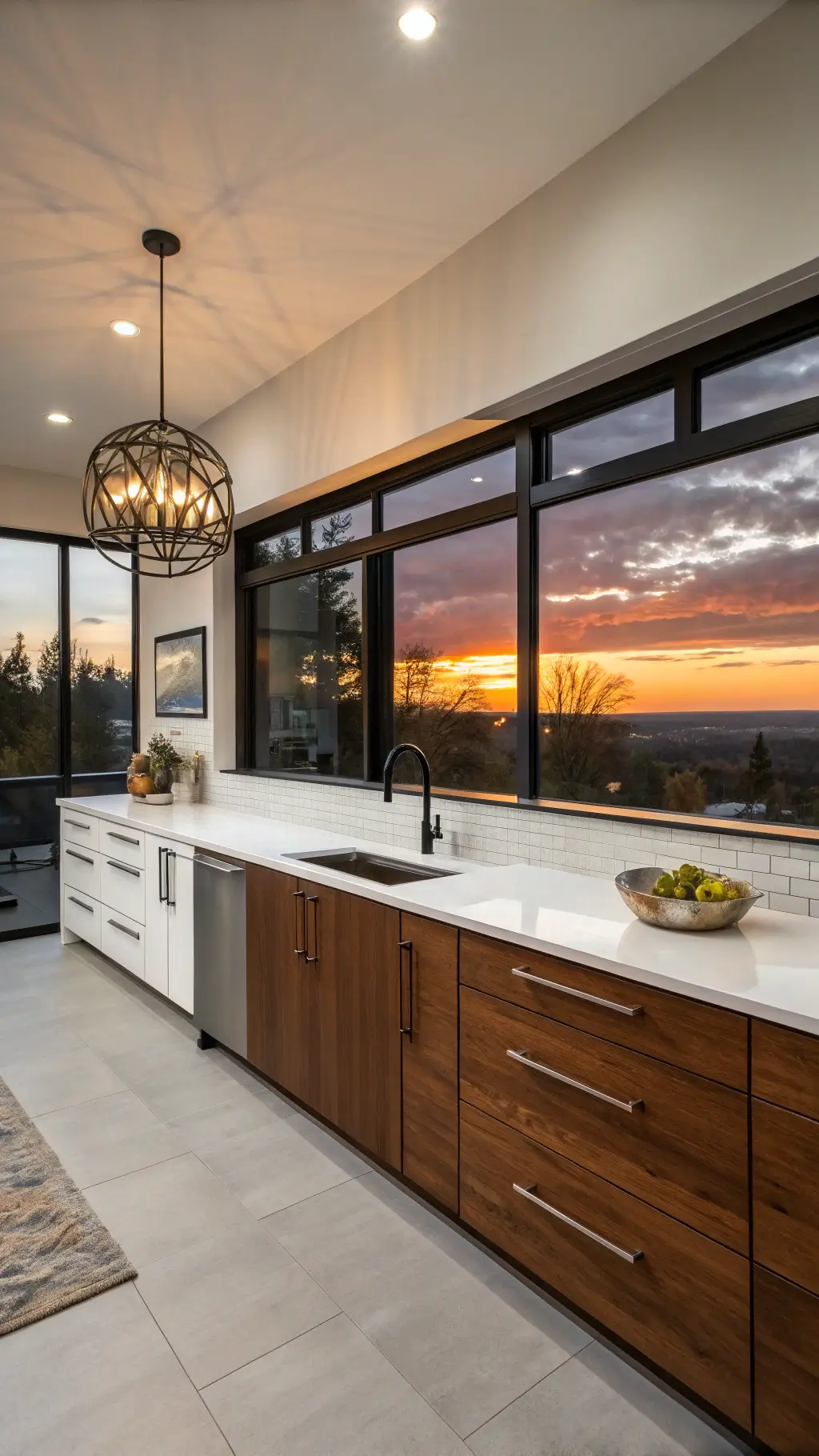 Modern open-concept kitchen with two-tone Shaker cabinets, concrete counters, black framed windows with sunset view, and dramatic pendant lighting, taken from a drone-like elevated angle at dusk.