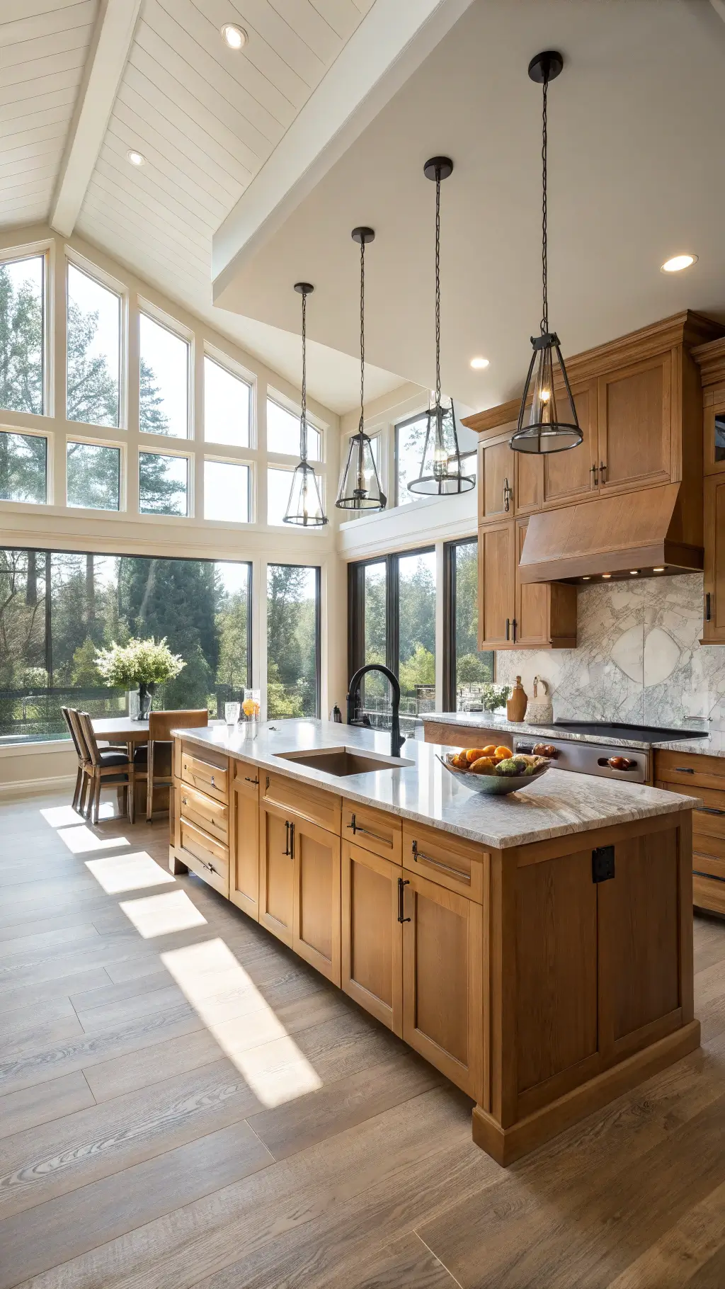 Spacious transitional kitchen with alder wood cabinets, Carrara marble countertops, and modern matte black hardware, bathed in warm morning light.