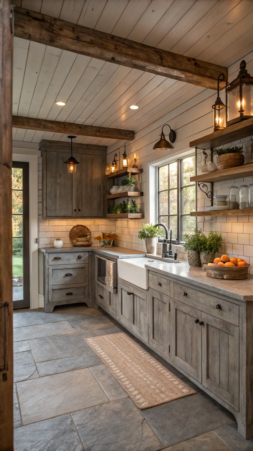 Rustic farmhouse kitchen with gray knotty alder cabinets, open shelving showcasing vintage pottery, copper fixtures and pendant lights casting shadows. Styled with fresh herbs and worn cutting boards.