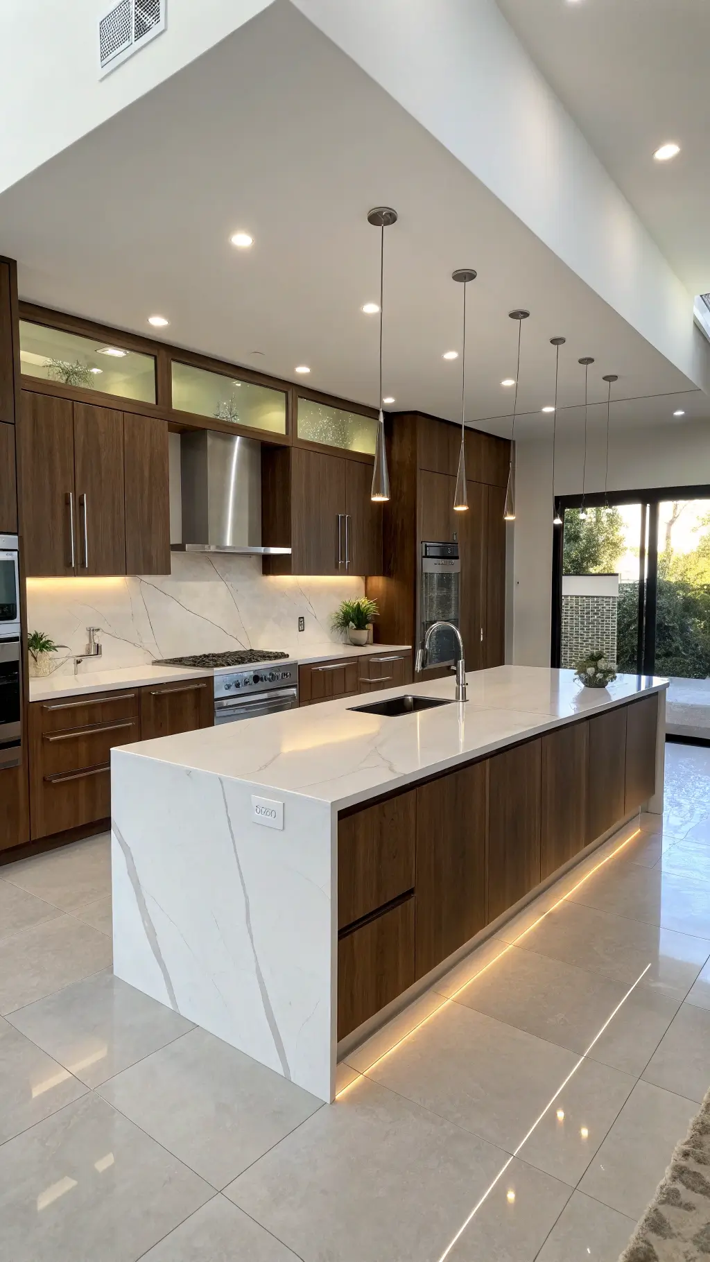 Modern minimalist kitchen featuring sleek espresso finish alder cabinets and stark white quartz island, uniquely emphasized by a blend of cool morning and warm artificial lighting.