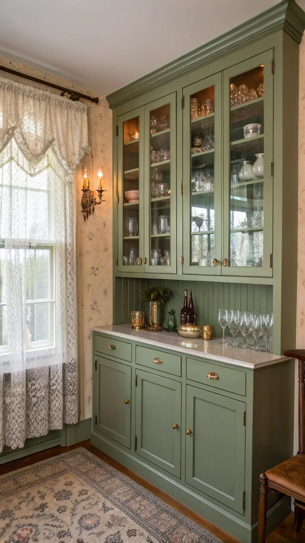Cozy butler's pantry with sage green alder cabinets, antique brass hardware, and crystal stemware displayed in glass-front upper cabinets, bathed in warm afternoon light filtered through lace curtains
