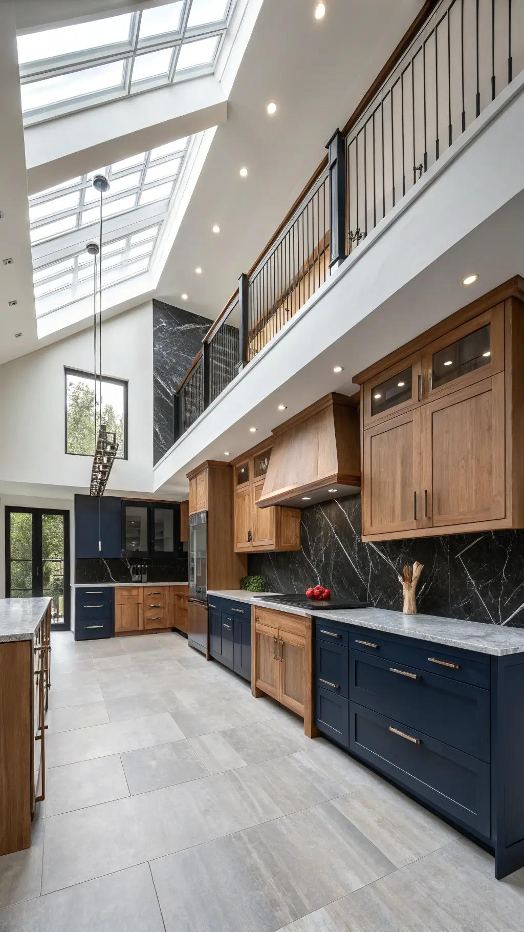 Contemporary open-concept kitchen with double-height ceiling, two-tone alder cabinets and black stone backsplash, viewed from mezzanine level