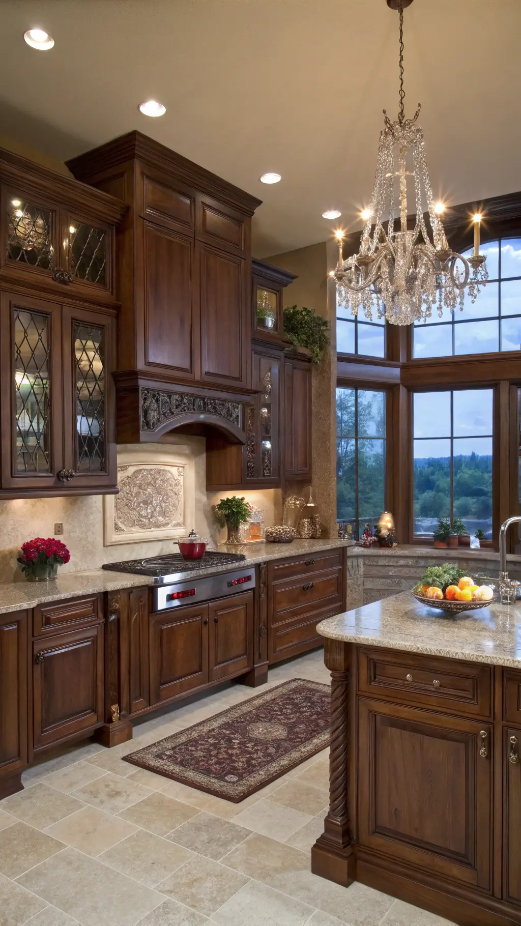 Elegant traditional L-shaped kitchen featuring burgundy quarter-sawn alder cabinets, ornate crown molding, crystal chandelier over breakfast nook, with copper cookware and fresh flowers. Shot during blue hour.