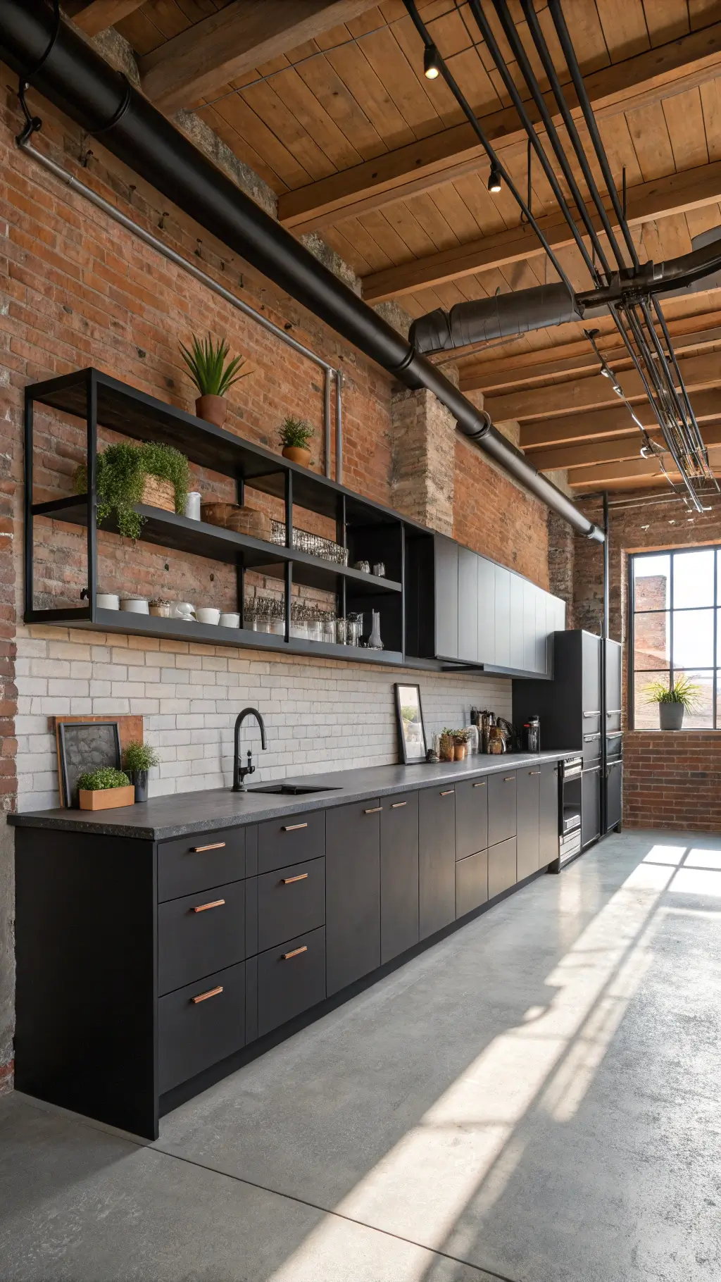 Industrial-modern loft kitchen with black alder cabinets, concrete countertops, floating shelves, exposed brick walls, steel beams and dramatic shadows from afternoon light.