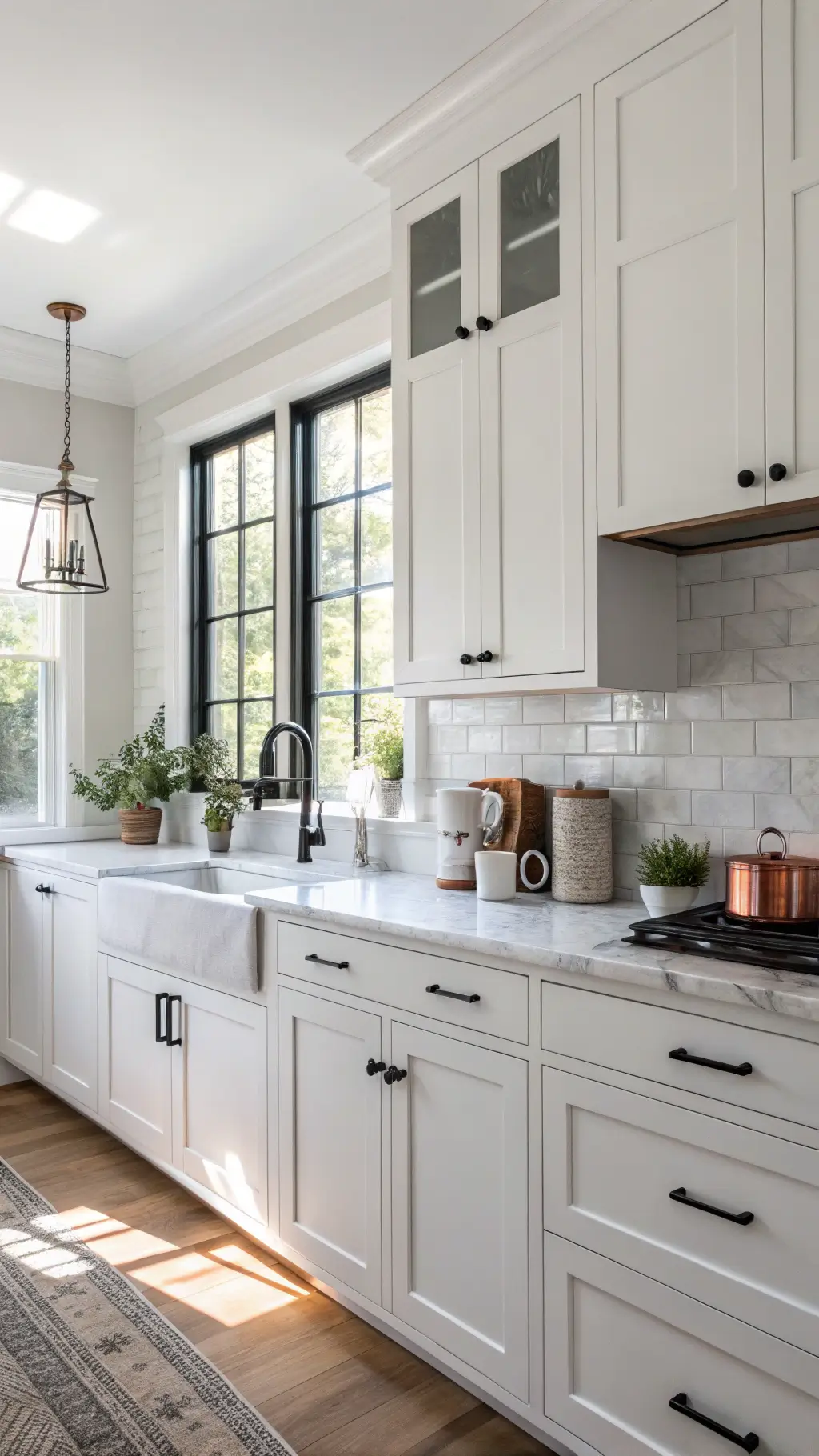 Modern minimalistic kitchen with white shaker cabinets, marble countertop, and a styled coffee station bathed in morning sunlight.