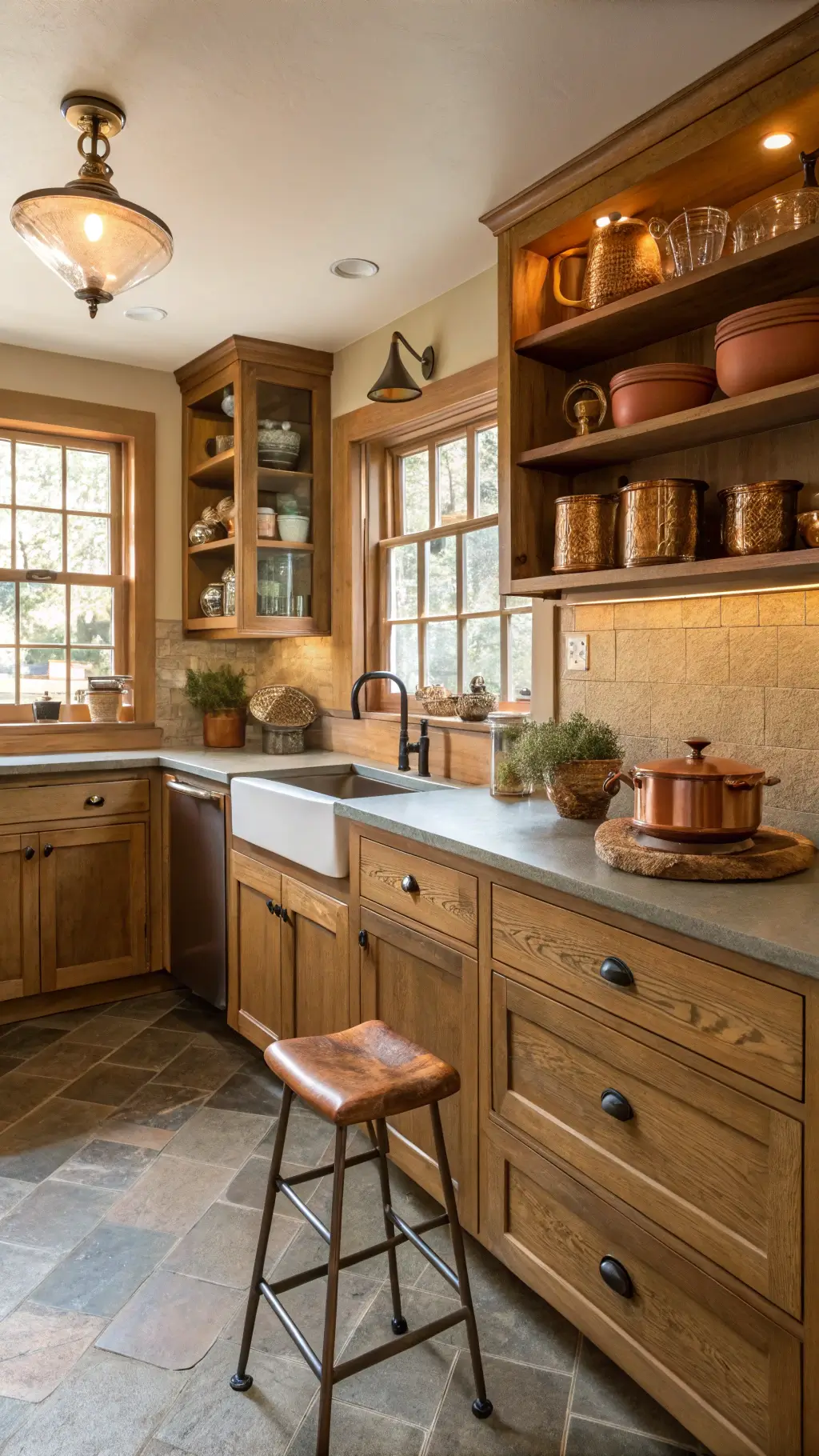 Small rustic galley kitchen with honey-toned oak cabinets, vintage brass pulls, open shelving, copper cookware, and a leather stool by a butcher block counter, bathed in late afternoon golden hour light.