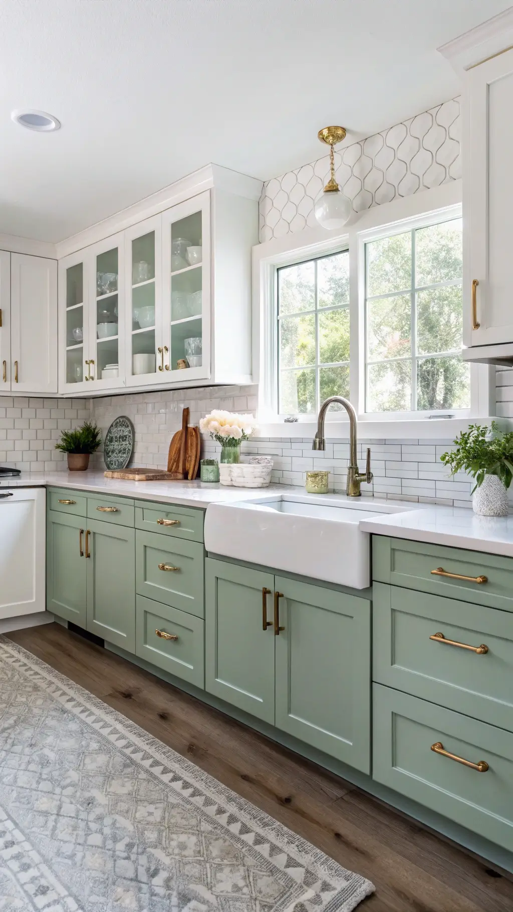 L-shaped kitchen with sage green and white cabinets, brass fixtures, sea glass backsplash, and coastal-themed styling in soft oceanic colors