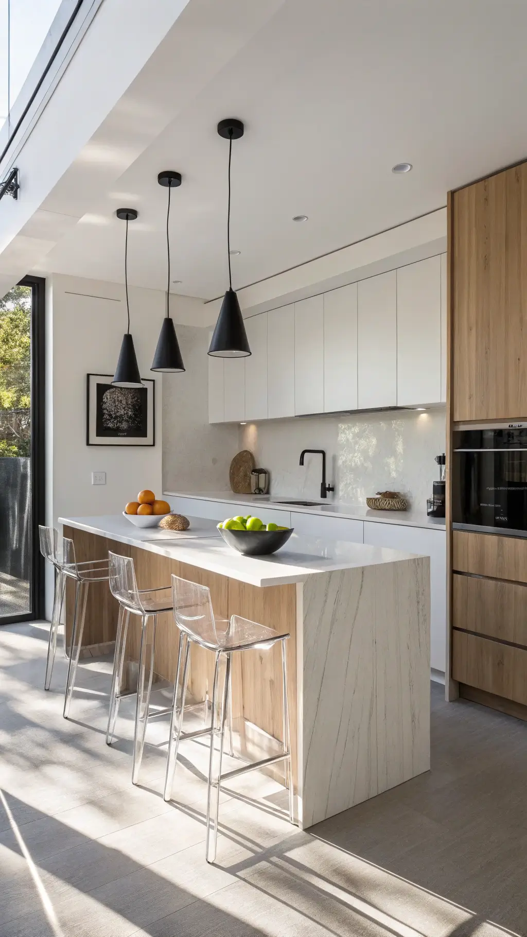 Compact Scandinavian style kitchen with white oak cabinets, black pendant lights, minimalistic decor, and a warm wooden accent lighted in the early morning.