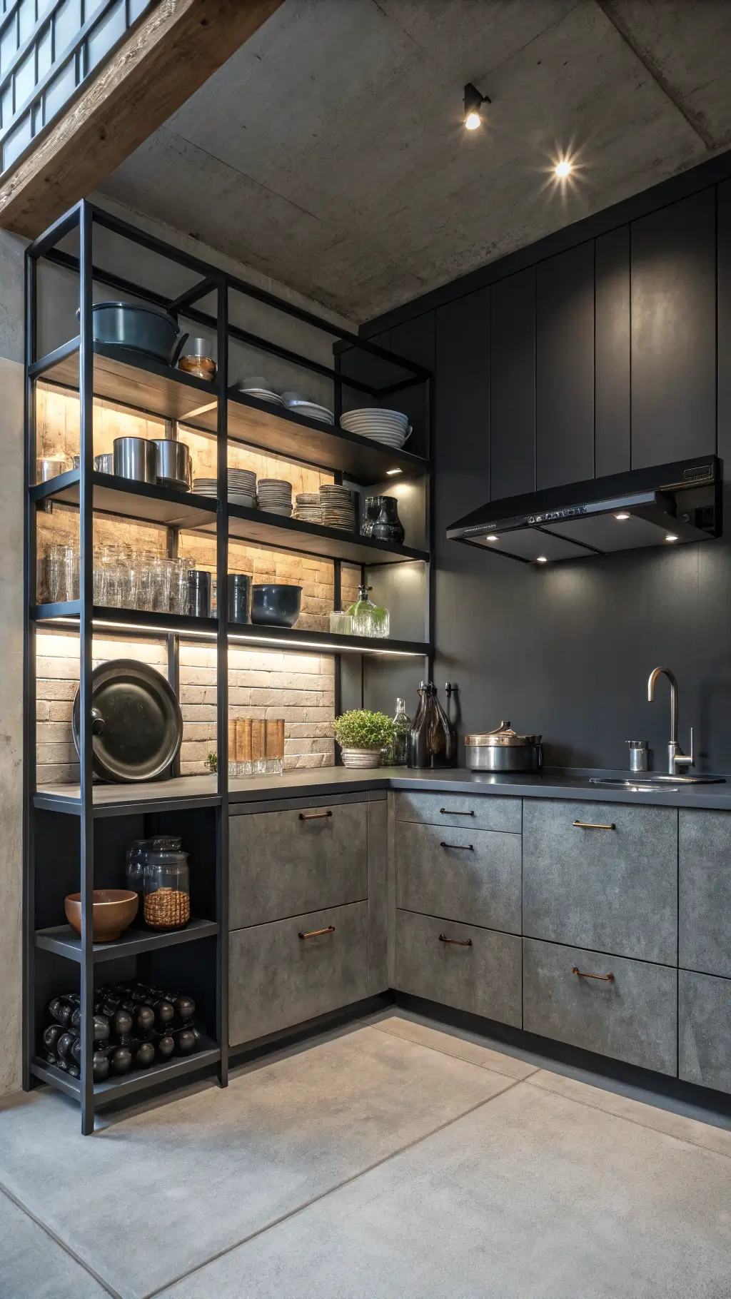 Dramatic low angle shot of an 8x8ft industrial style kitchen corner with graphite-colored cabinets, open metal shelving, matte black ceramics, industrial-style glass containers, and concrete countertops under moody afternoon light