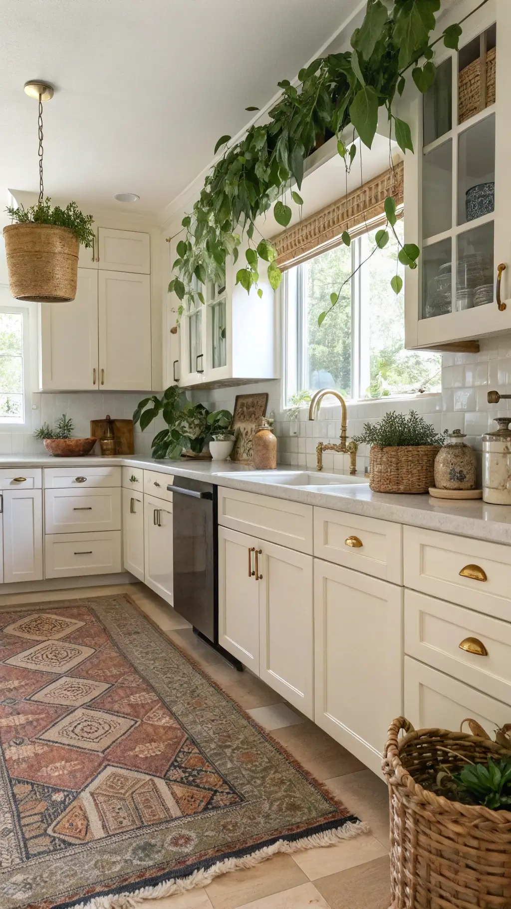 Bohemian-styled kitchen with cream cabinets, ceramic knobs, trailing plants, vintage rugs, collected pottery, woven baskets and brass objects, bathed in natural midday light with warm neutrals and botanical greens mixed with jewel tones.