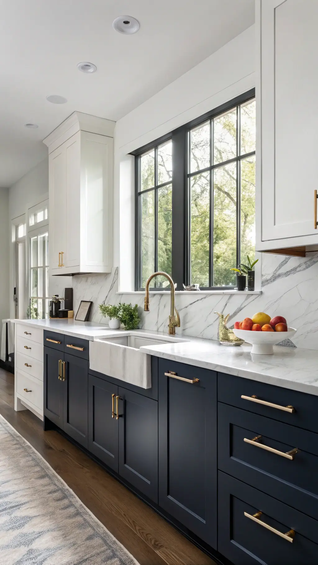 Contemporary contrast kitchen with navy lower and white upper cabinets, marble waterfall counters, and geometric vessels under natural morning light