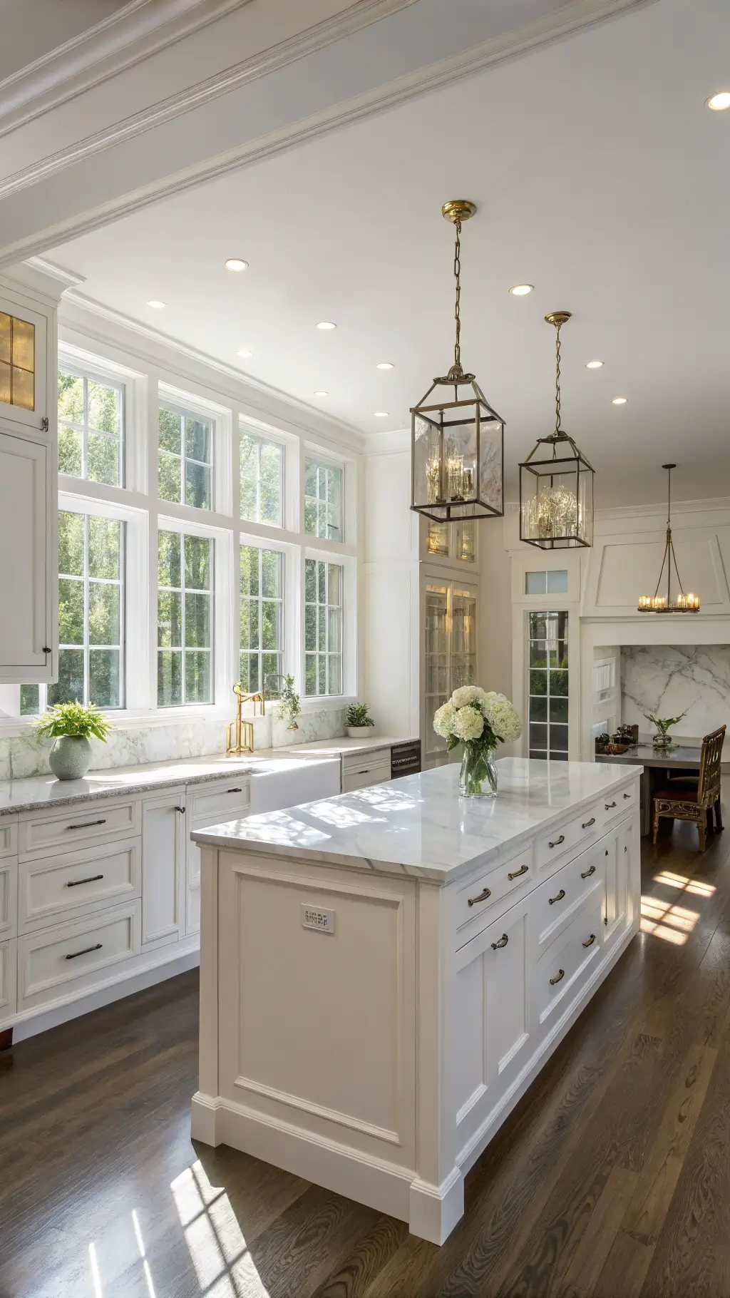 Spacious, naturally lit kitchen with white cabinets, Carrara marble countertops, and center island, accentuated by vintage brass hinges and polished nickel hardware, viewed from a low angle.