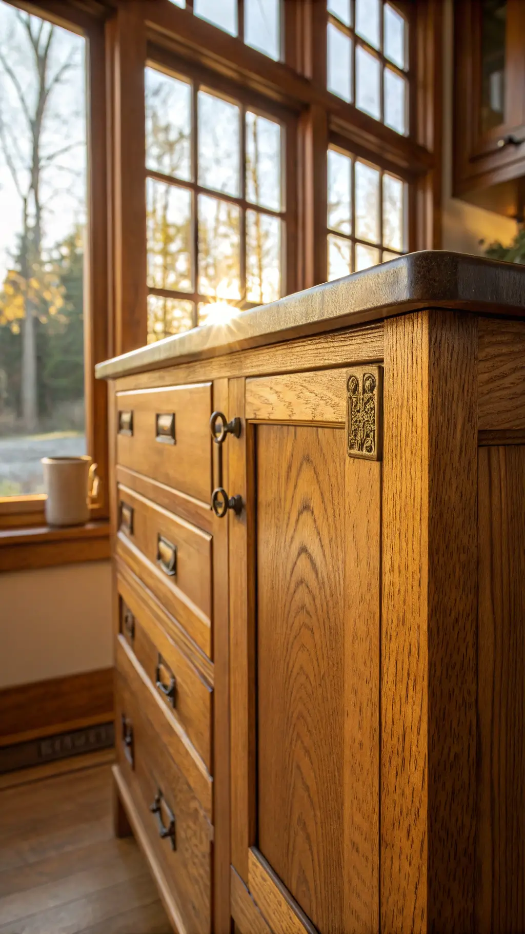 Close-up shot of a craftsman kitchen detailing honey-colored quarter-sawn oak cabinet, antique brass hardware, and precise joinery, lit by afternoon golden hour light through muntined windows.