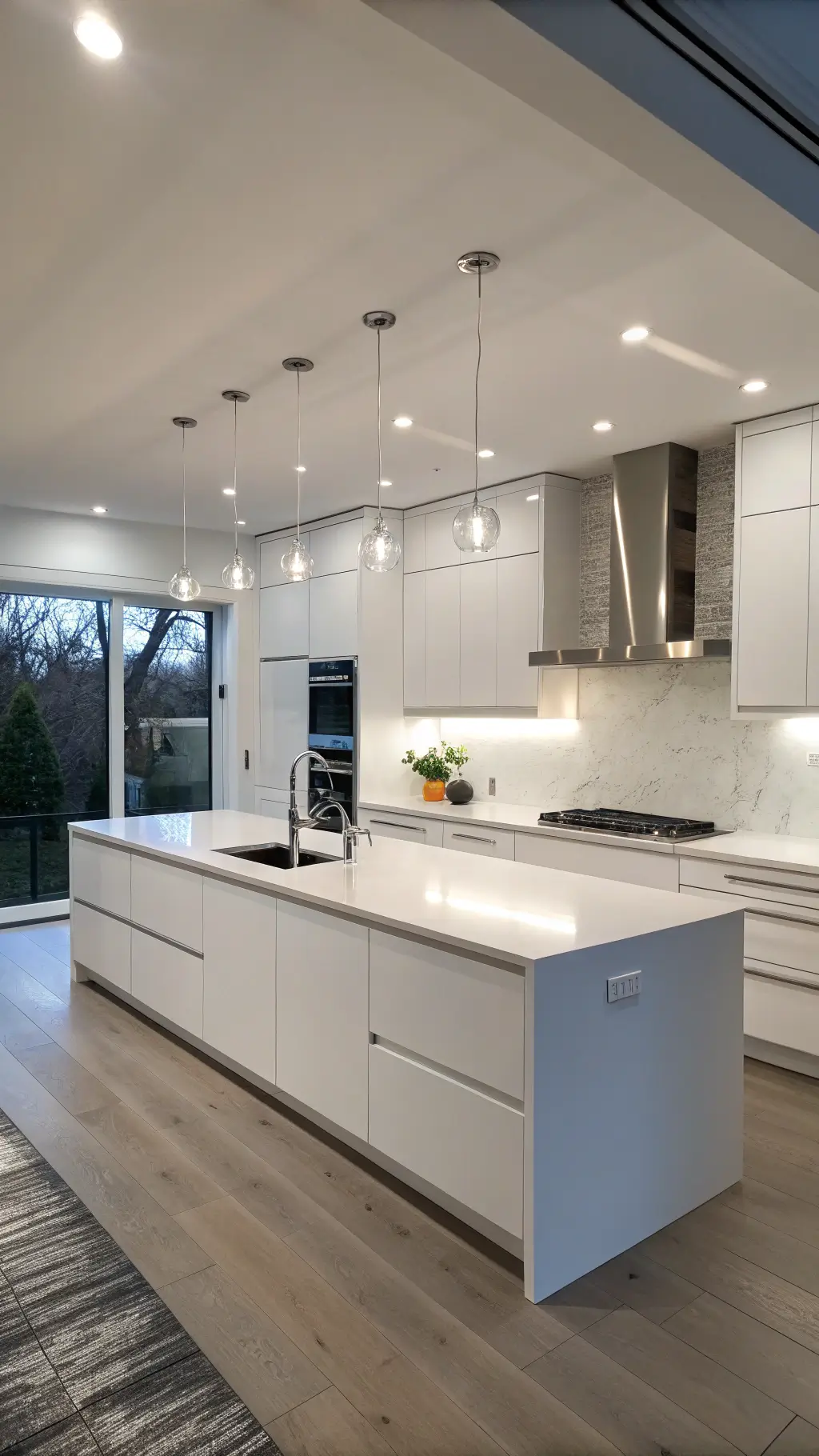 Modern white kitchen with chrome hardware, quartz island, ceiling-mounted track lights, and geometric cabinet layout in cool evening lighting.