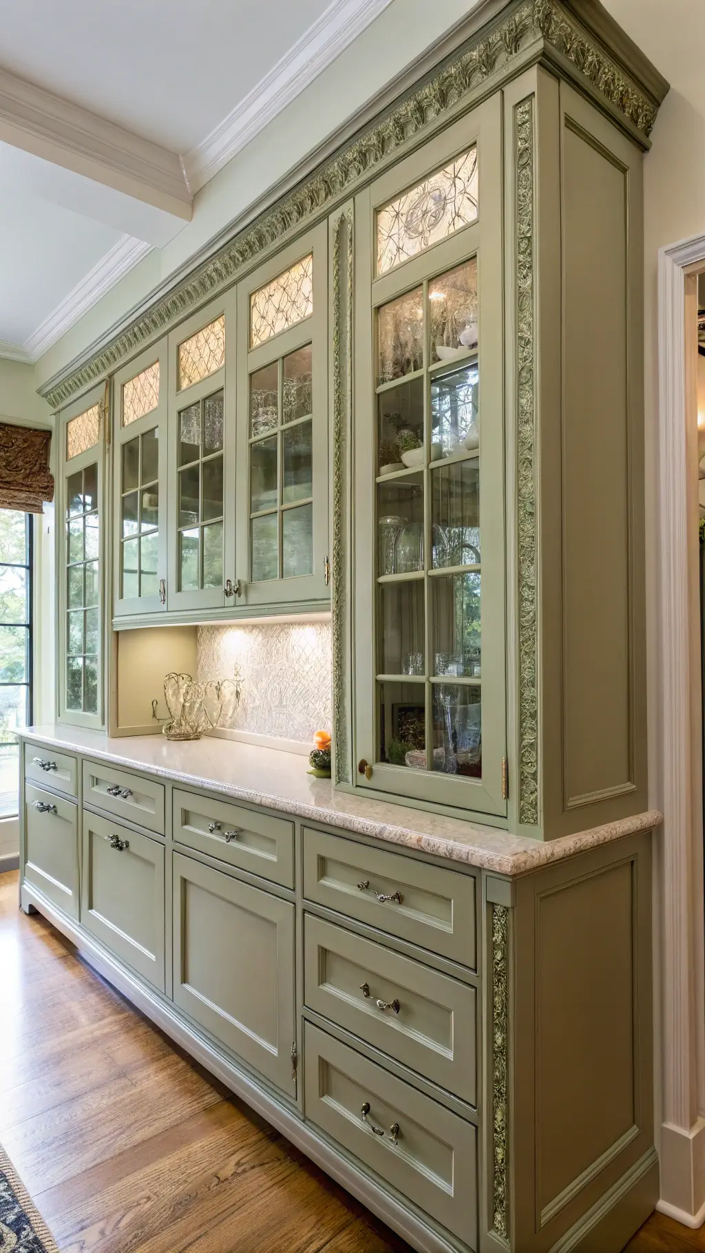 Victorian-inspired heritage kitchen with sage green inset cabinets, glass-front upper sections, crystal knobs, ornate crown molding, beaded frames, and natural light coming from bay windows.