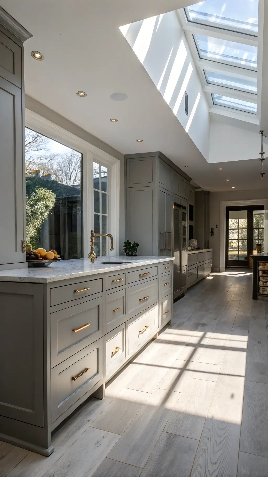 Dove gray kitchen with brushed gold handles and polished nickel hinges in morning light