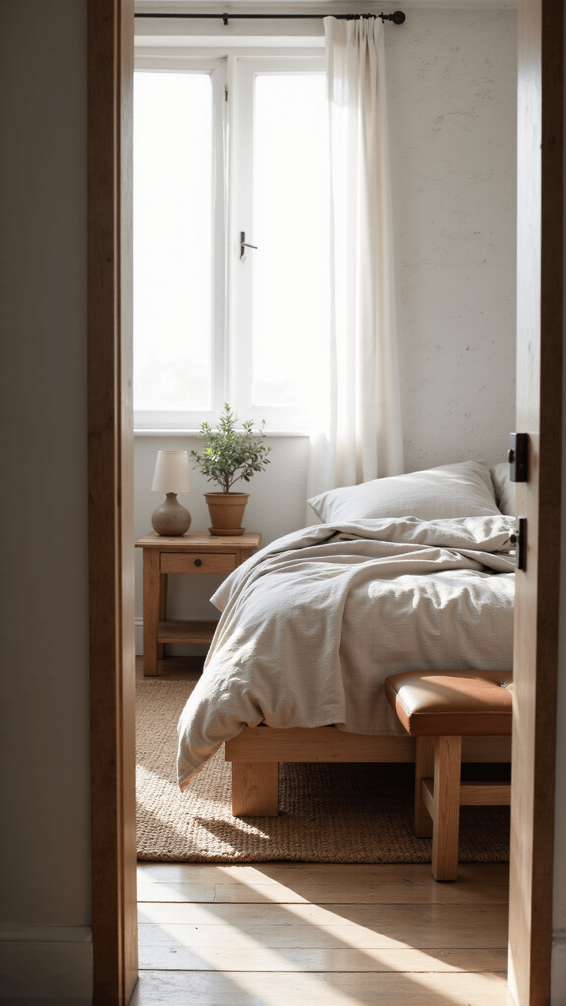Minimalist sunlit bedroom with oatmeal linen bedding, oak side table, ceramic lamp, potted olive tree, jute rug, and vintage leather bench.