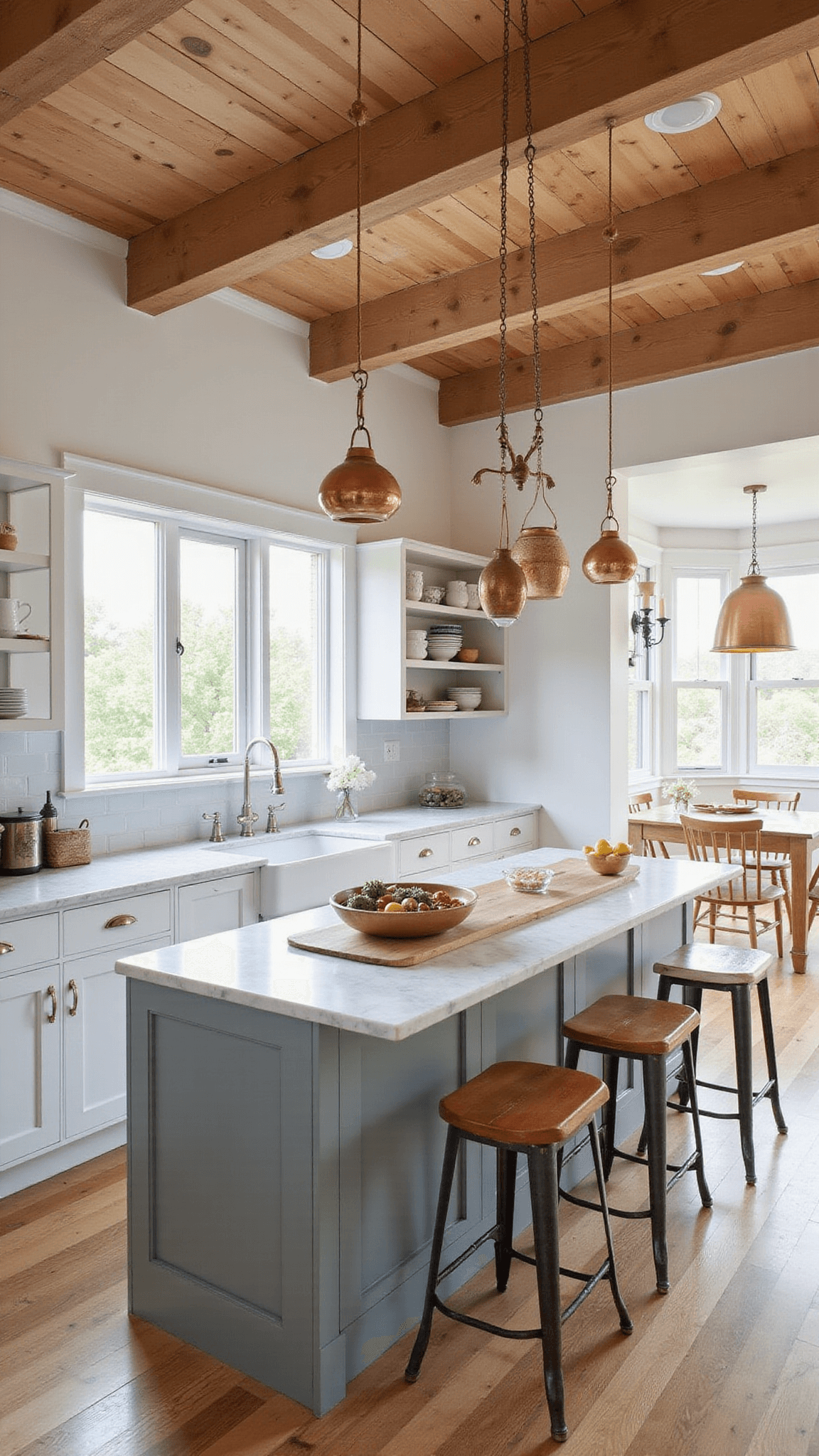 Modern farmhouse kitchen with white shaker cabinets, wooden beams, butcher block island, and copper pots, bathed in late afternoon light.
