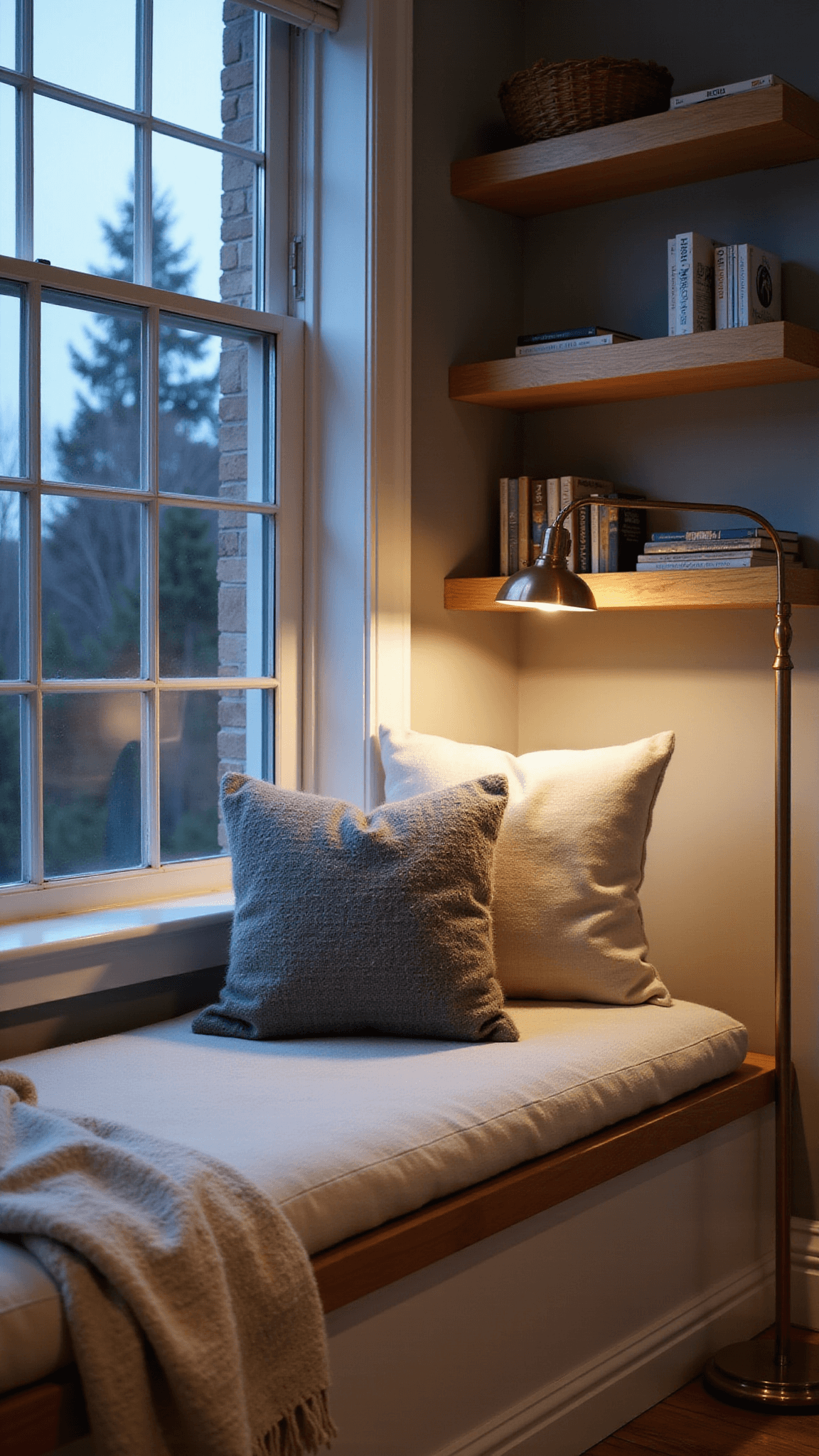 Cozy 8x10ft window bay reading nook at blue hour with built-in seat, linen cushions, wool throws, oak shelves with books and ceramics, brass floor lamp, and handwoven pillow basket.