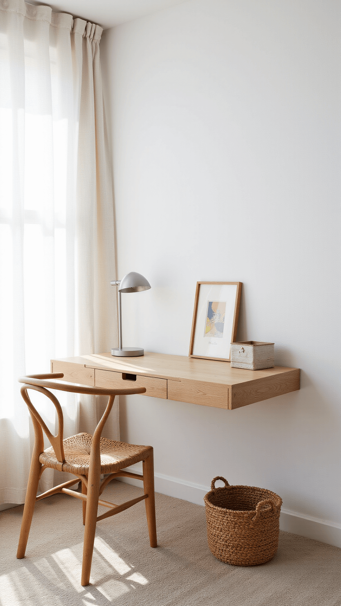 Minimalist home office nook with oak floating desk, wishbone chair, ceramic lamp, and soft afternoon light through sheer curtains.