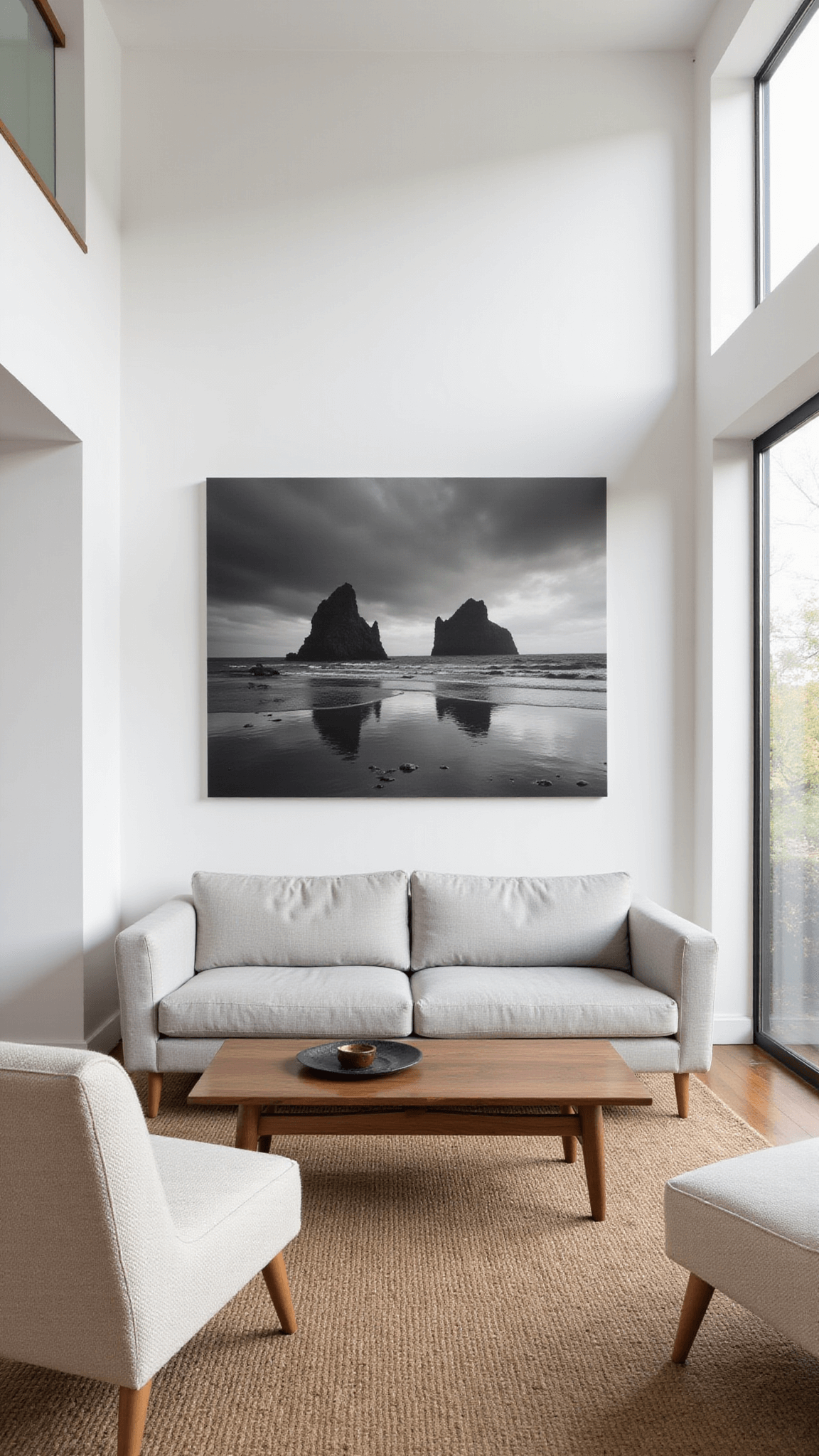 Minimalist living room with light gray sofa, walnut coffee table, cream boucle chairs, and black-and-white photo above, basked in morning light through large windows.