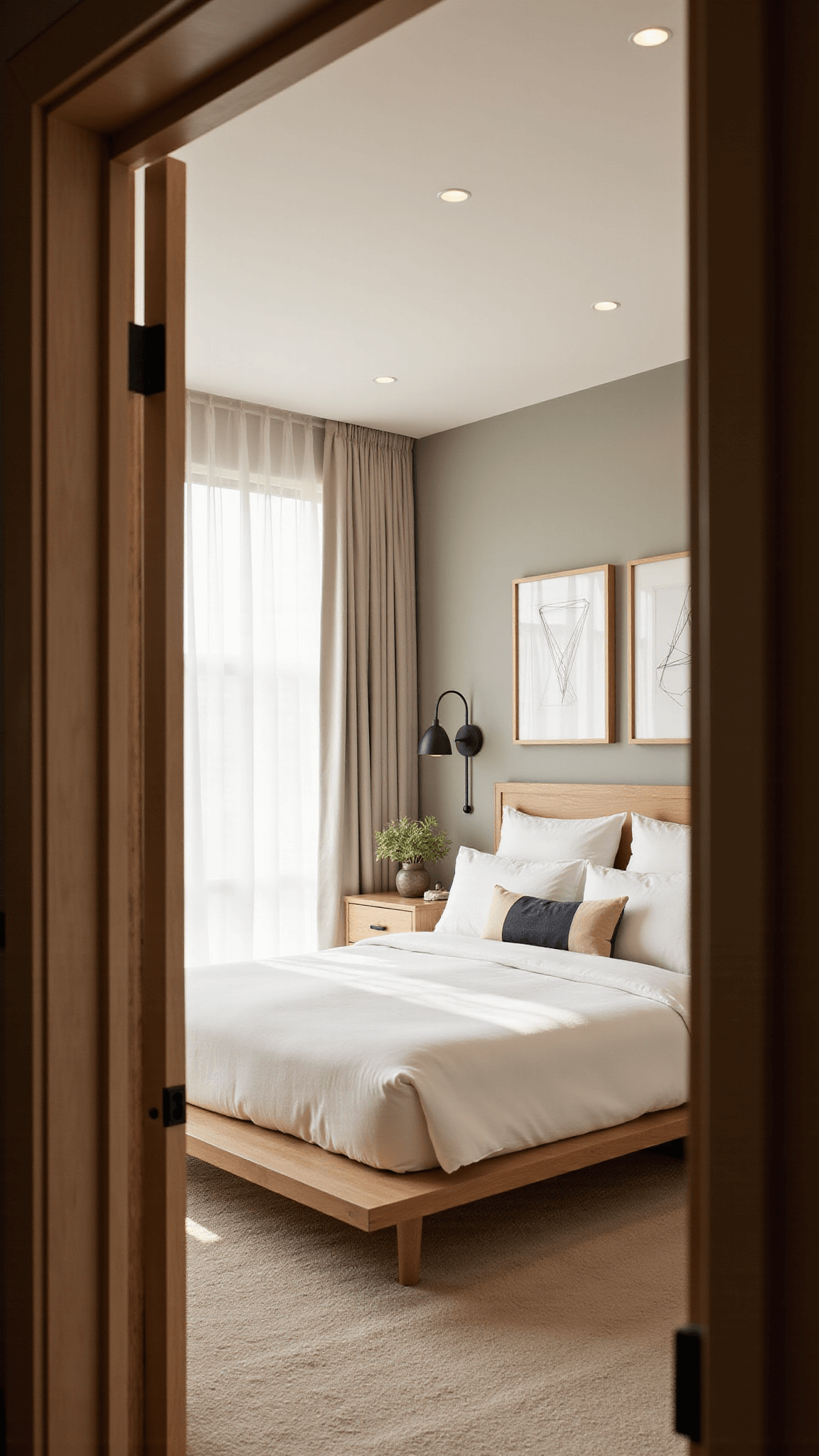 Modern master bedroom with oak platform king bed, white linens, geometric wall art, black sconces, and golden hour light through sheer curtains.