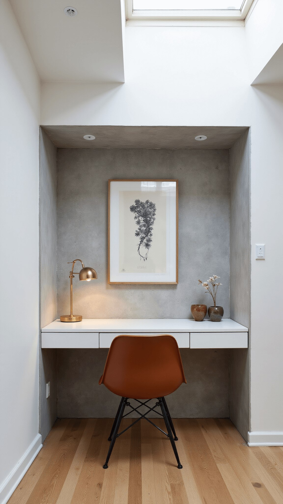 Minimalist home office nook with white floating desk, oversized Japanese ink artwork on concrete-textured wall, cognac leather Eames-style chair, and brass desk lamp under diffused skylight.