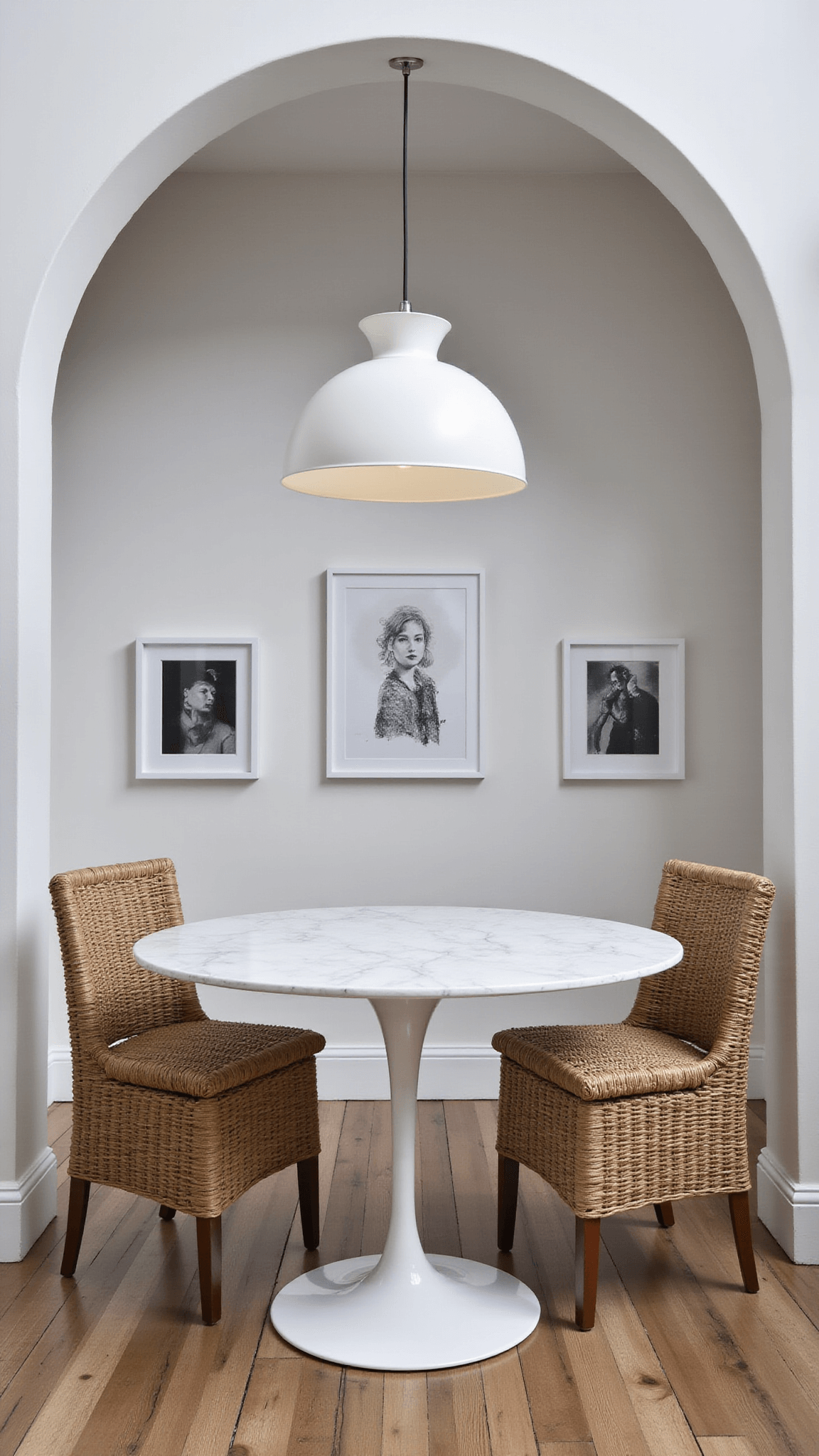 Scandinavian-style 12x12ft dining room with round white marble table, woven natural chairs, pendant light, and three abstract prints on main wall under soft blue hour lighting.