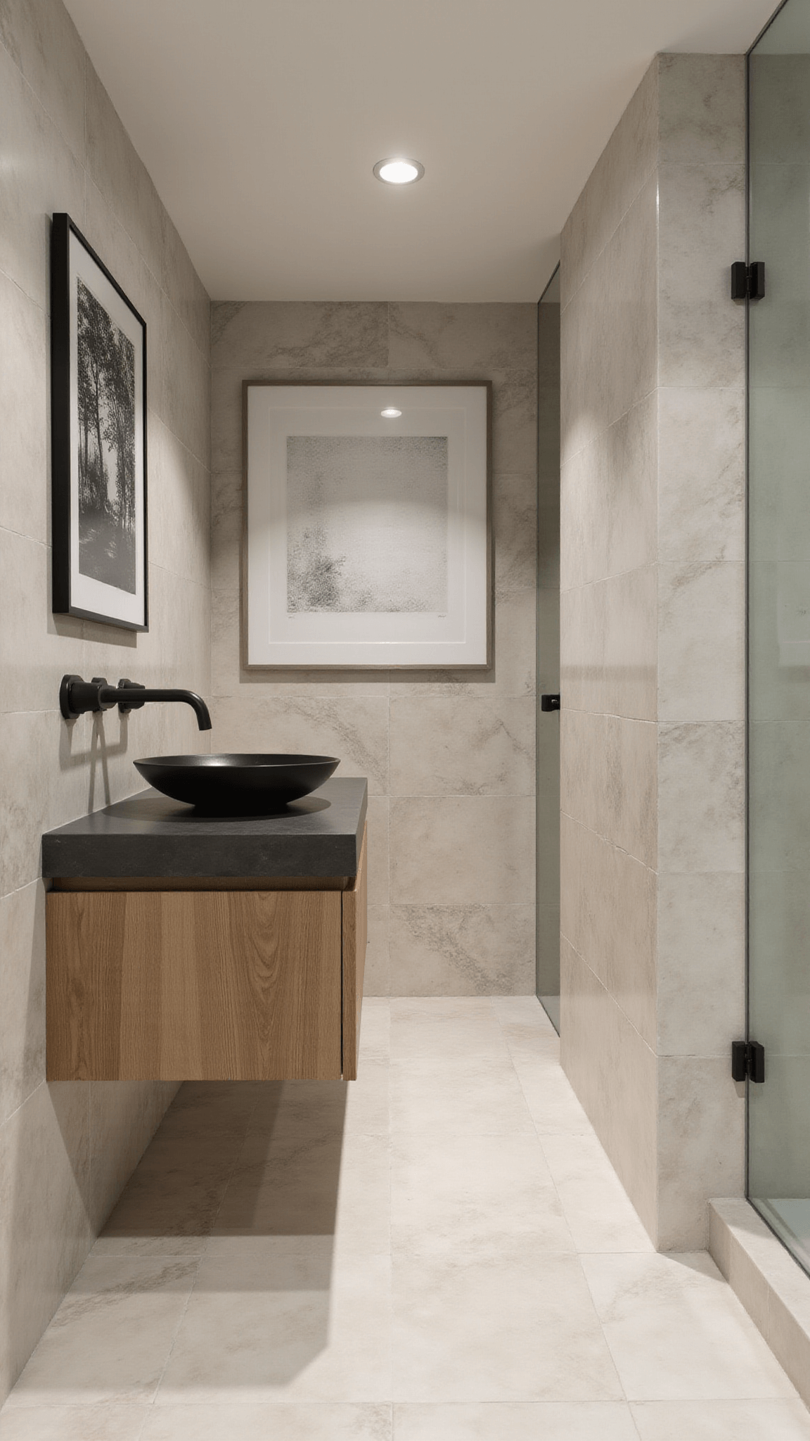 Zen-style bathroom with floor-to-ceiling marble tiles, floating bleached oak vanity, vessel sink, matte black fixtures, and soft LED lighting reflecting off polished surfaces.