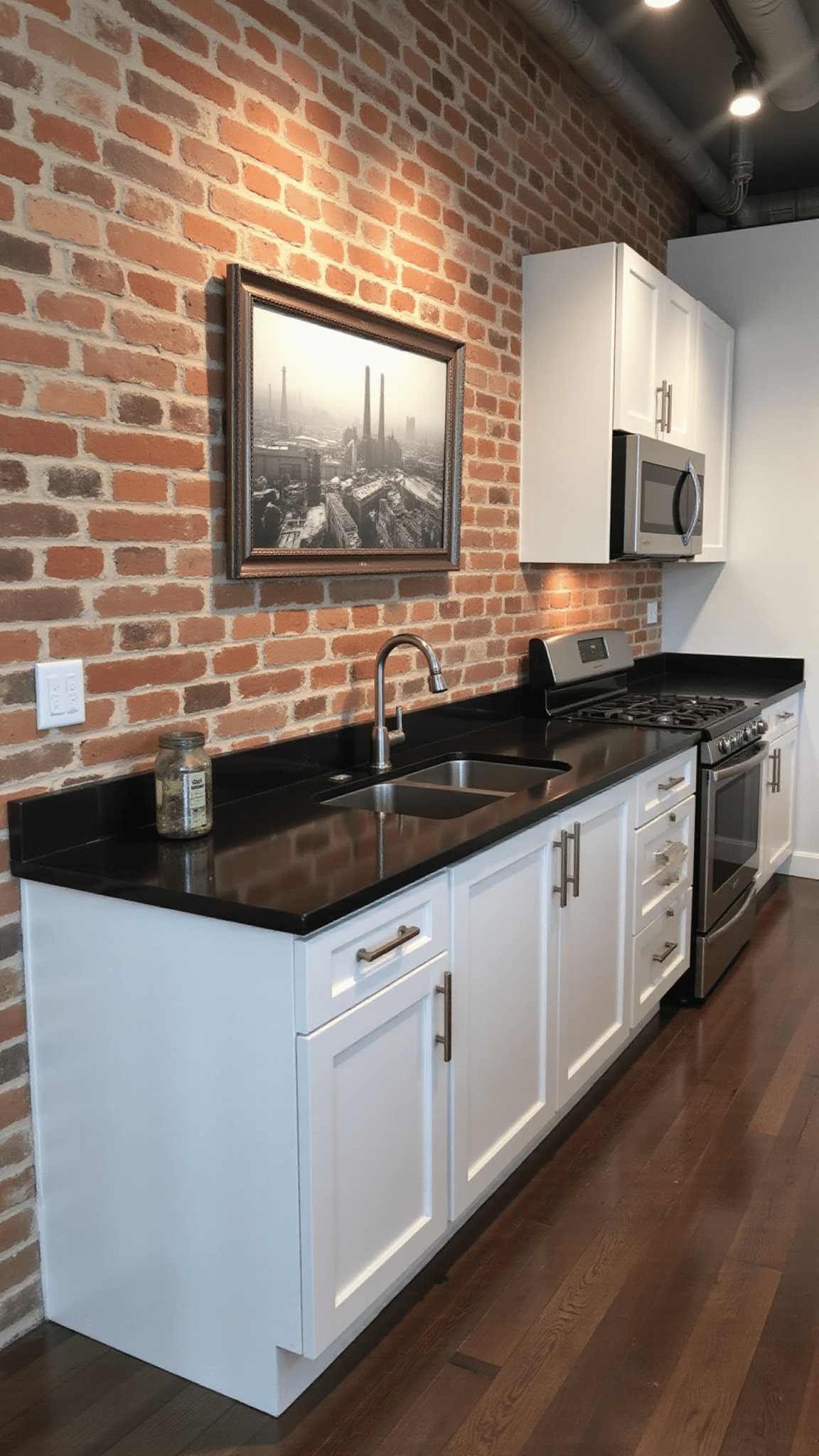 Industrial minimalist kitchen with exposed brick wall, sleek white cabinetry, black stone countertops, stainless steel appliances, and vintage factory photos under dramatic track lighting.