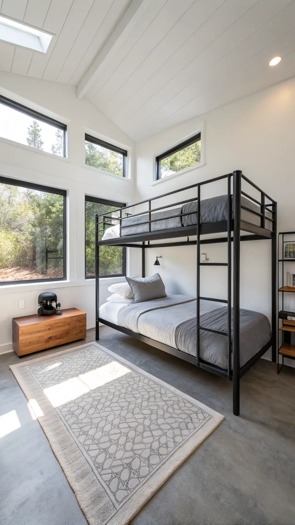 Modern minimalist bunk room with black metal bunk bed, charcoal and light gray bedding, floating walnut shelf, concrete floor, and geometric cream and gray rug, lit by natural morning light and ambient lighting.
