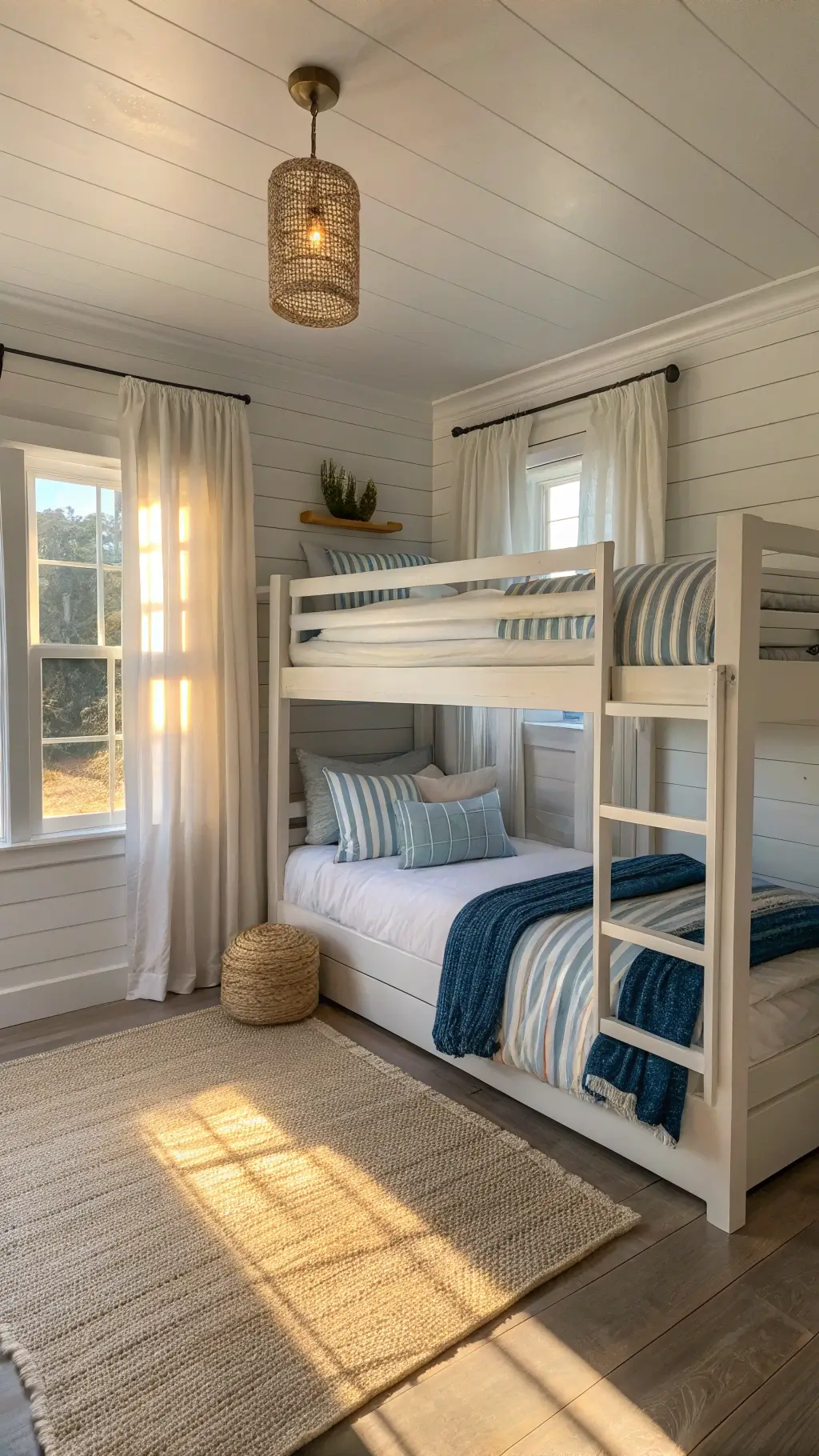 Sunlit coastal-themed bedroom with twin bunk beds, ocean blue bedding, shiplap walls in White Dove, rattan pendant light, and jute rug.